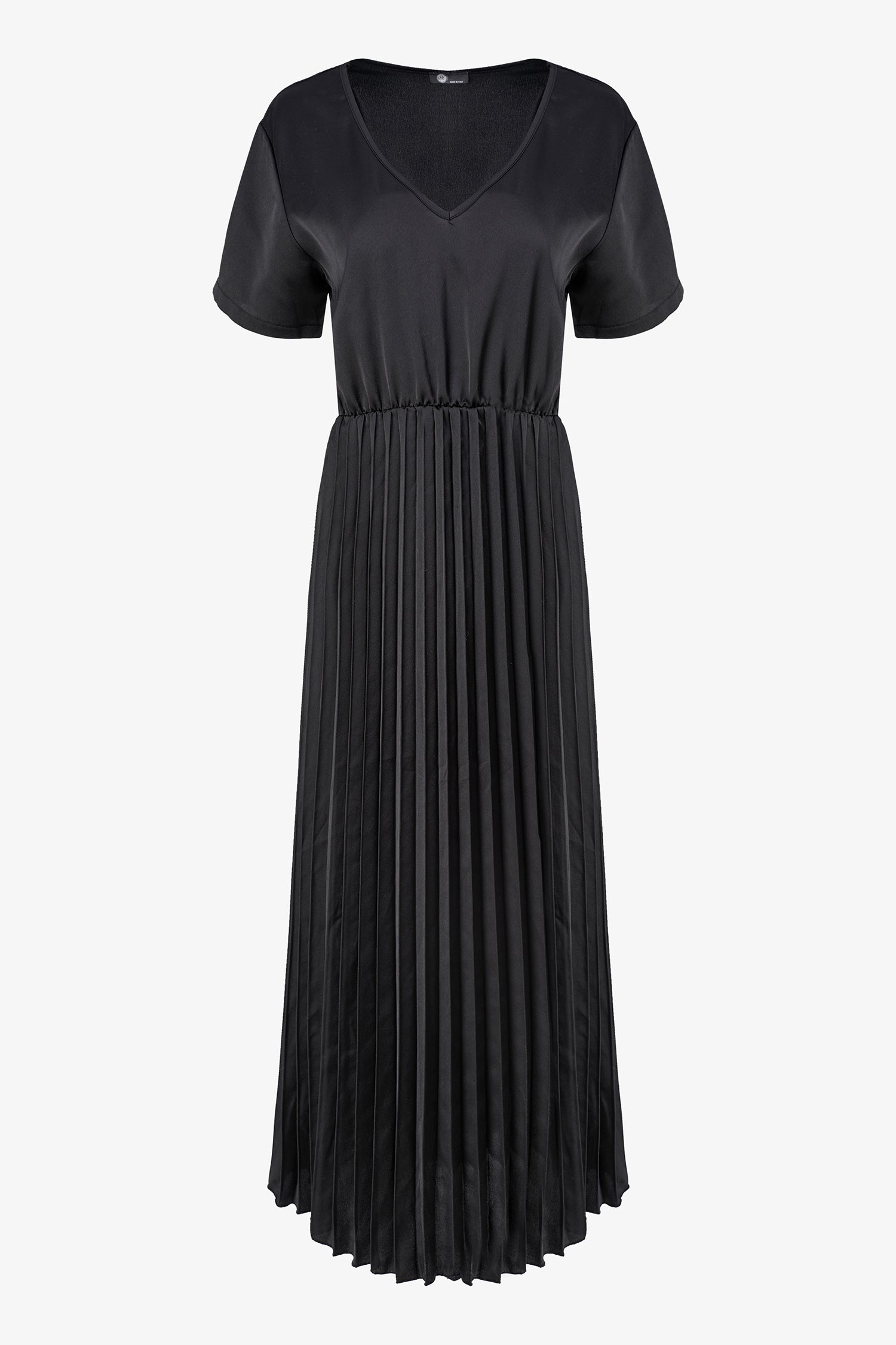 Women’s woven v-neckline short sleeve dress. a plain top half with a pleated bottom half