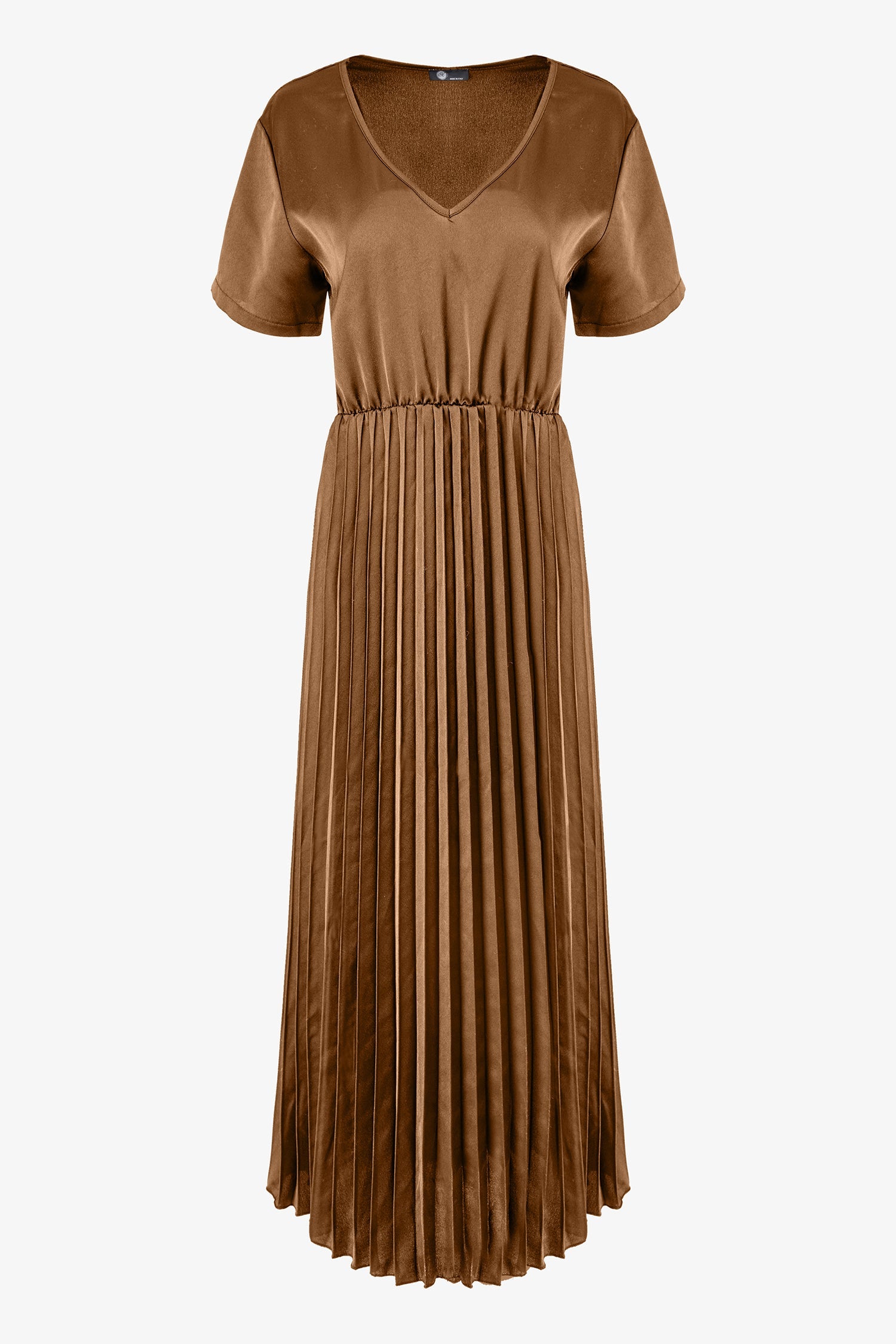 Women’s woven v-neckline short sleeve dress. a plain top half with a pleated bottom half