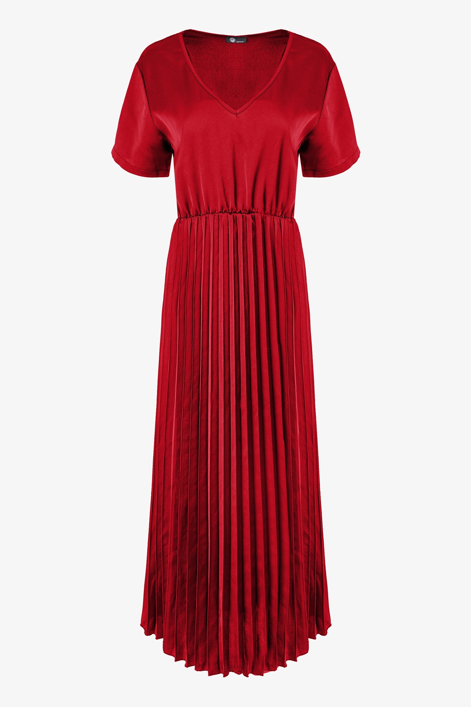 Women’s woven v-neckline short sleeve dress. a plain top half with a pleated bottom half