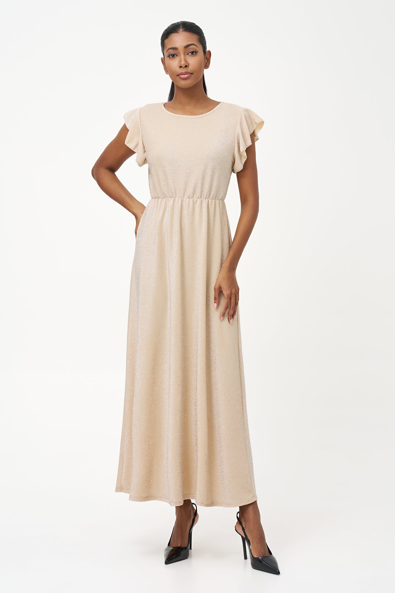 Women’s knit maxi crew-neck dress, with flowing cap sleeves