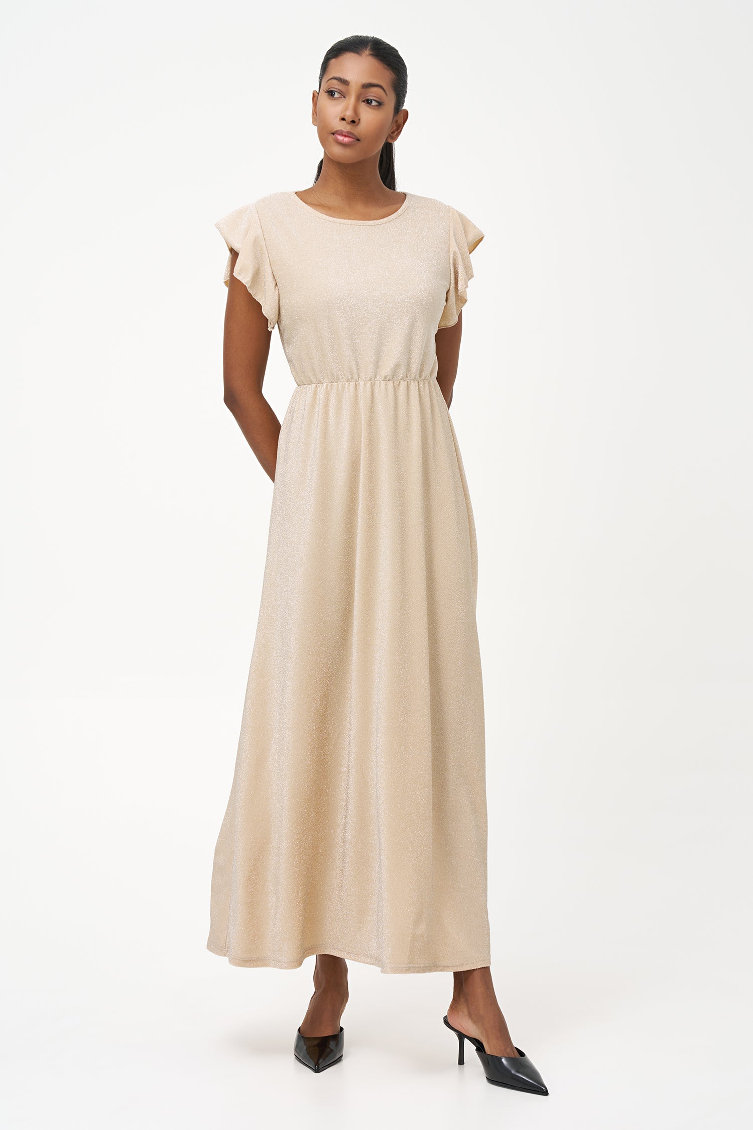 Women’s knit maxi crew-neck dress, with flowing cap sleeves