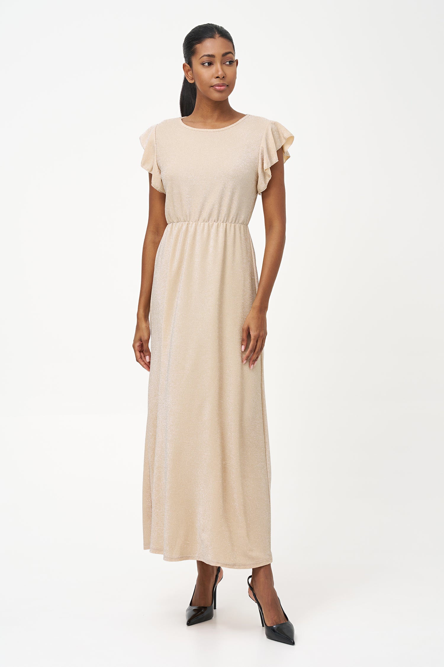 Women’s knit maxi crew-neck dress, with flowing cap sleeves