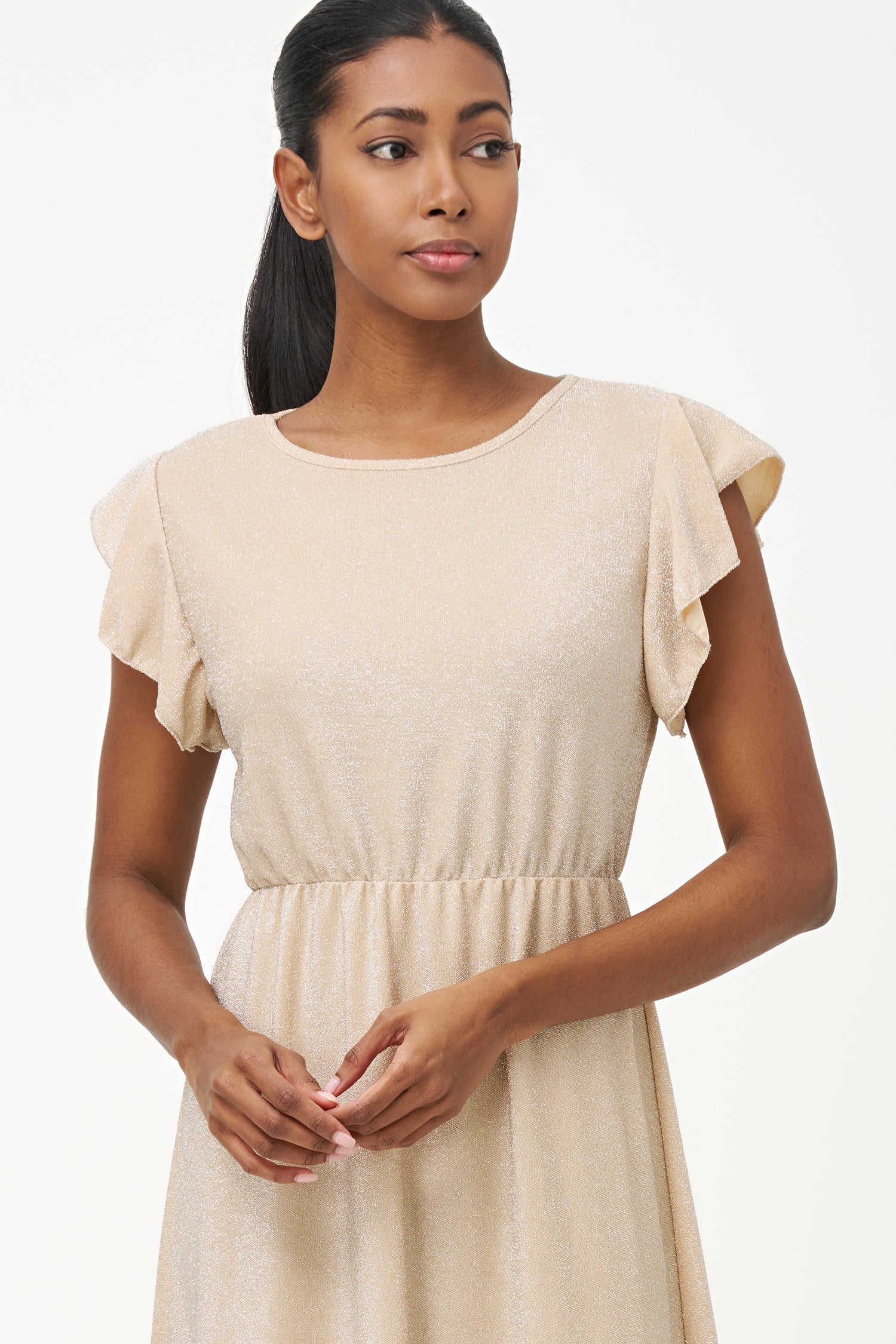 Women’s knit maxi crew-neck dress, with flowing cap sleeves