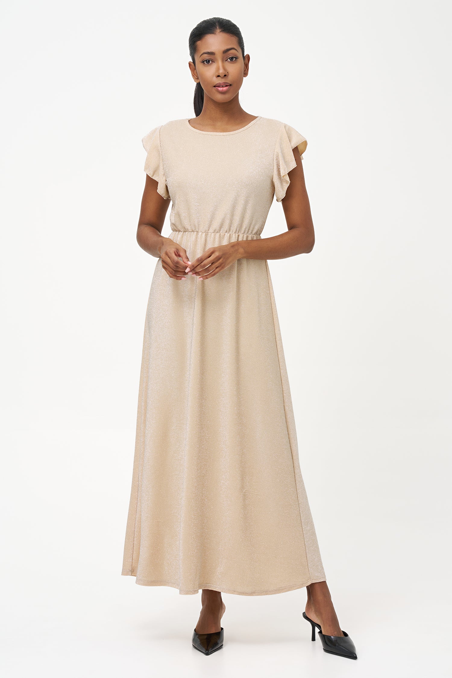 Women’s knit maxi crew-neck dress, with flowing cap sleeves