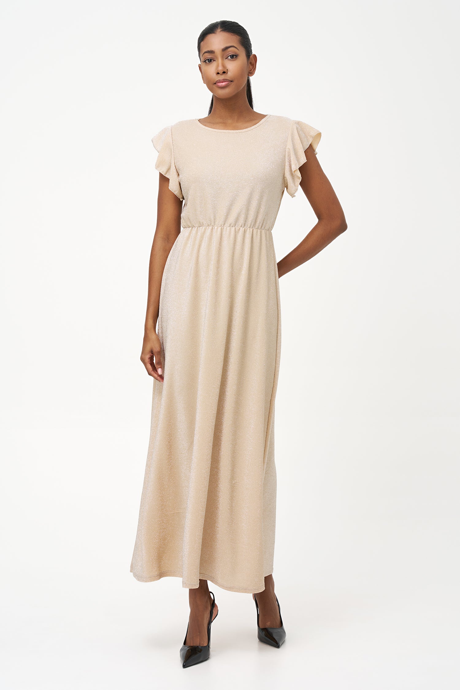 Women’s knit maxi crew-neck dress, with flowing cap sleeves