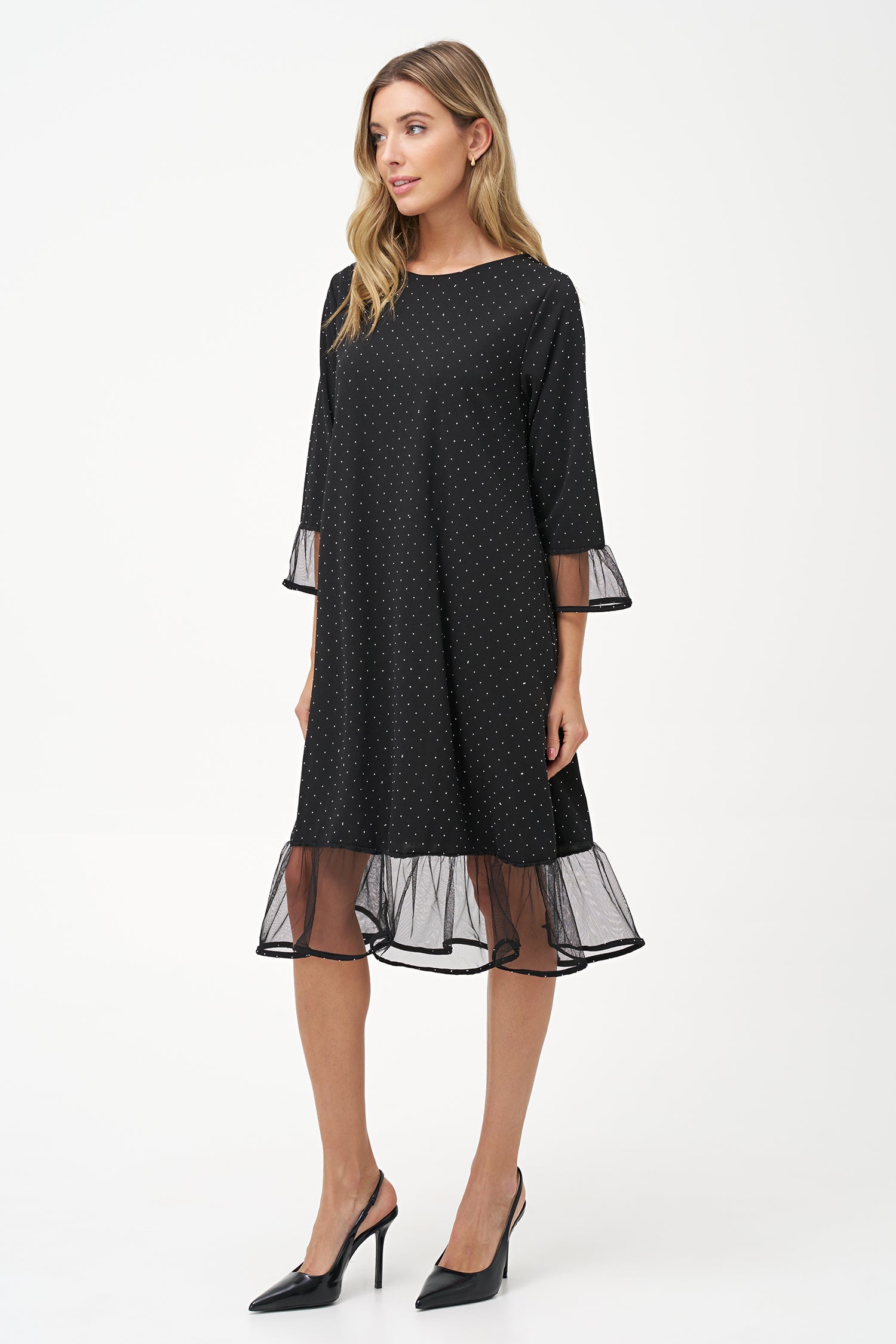 Women's knit crew-neck dress, with elbow-length sleeves, decorative studs and mesh detailing