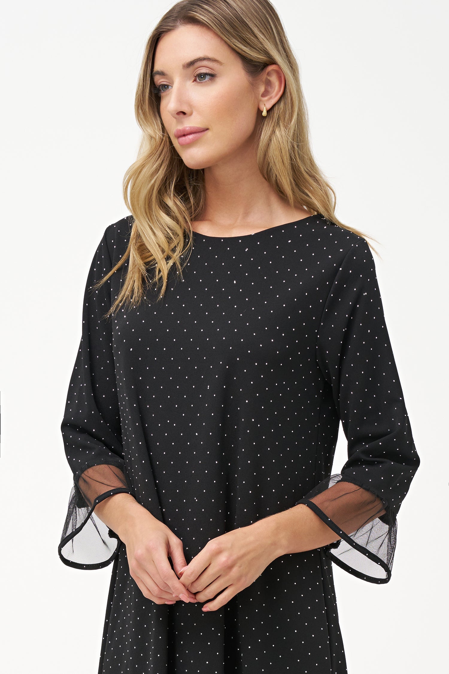 Women's knit crew-neck dress, with elbow-length sleeves, decorative studs and mesh detailing