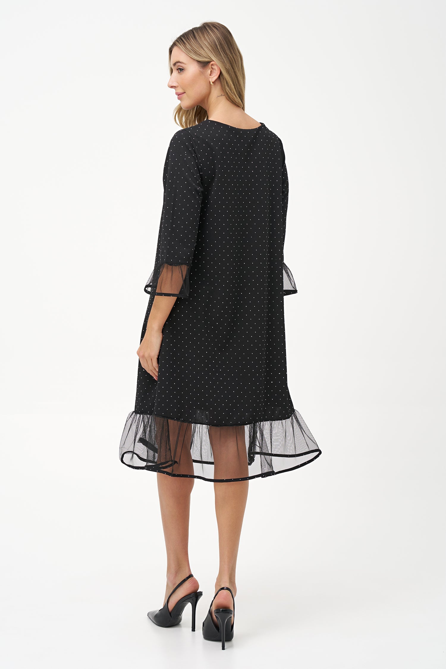 Women's knit crew-neck dress, with elbow-length sleeves, decorative studs and mesh detailing