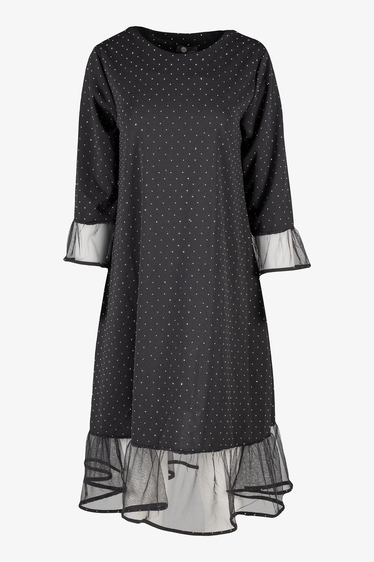 Women's knit crew-neck dress, with elbow-length sleeves, decorative studs and mesh detailing