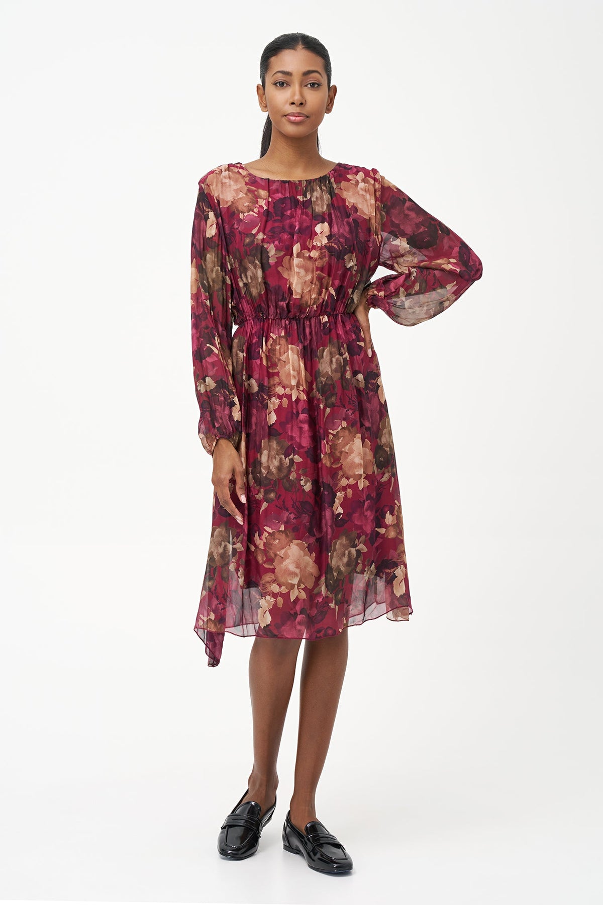 Women's Woven Crew-Neck Dress with Long Sleeves & Elastic Waist