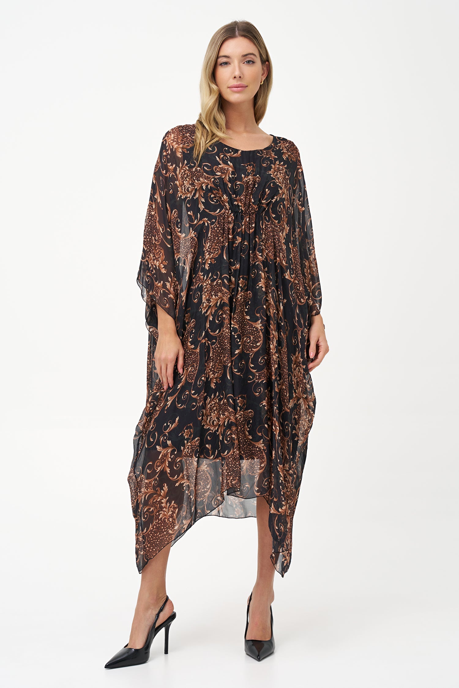 Women’s woven v-neck kaftan dress, with gathered front