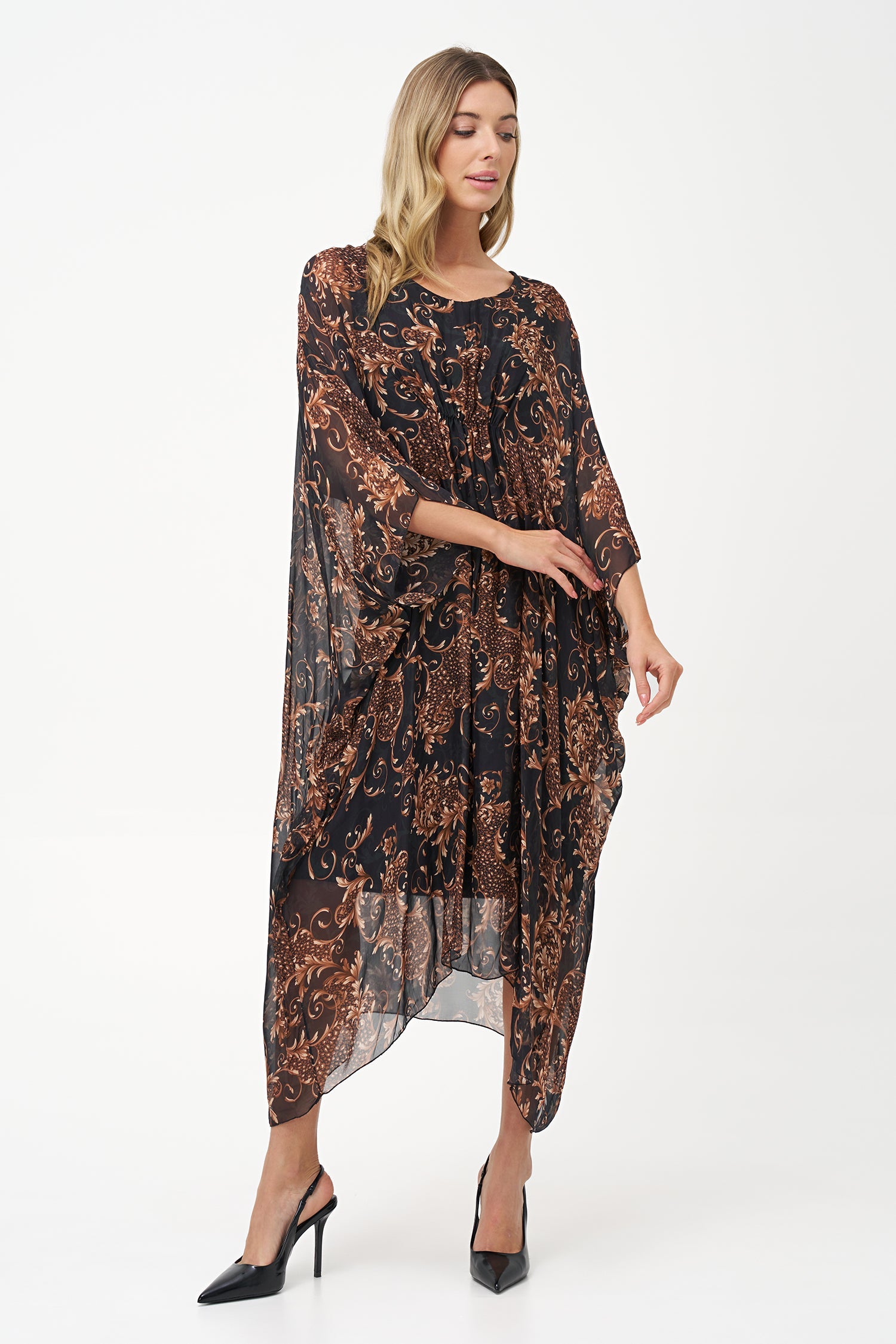 Women’s woven v-neck kaftan dress, with gathered front