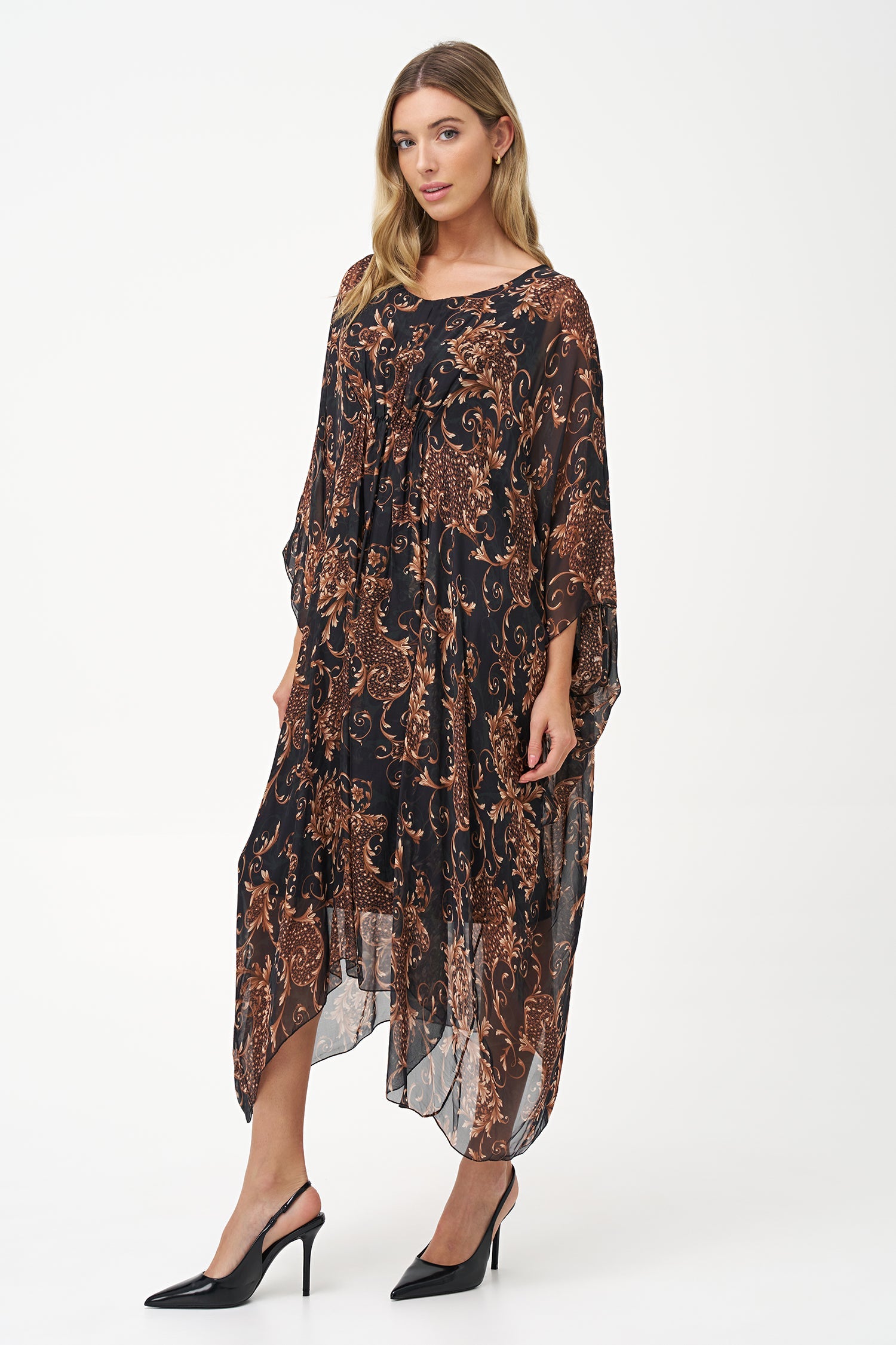 Women’s woven v-neck kaftan dress, with gathered front