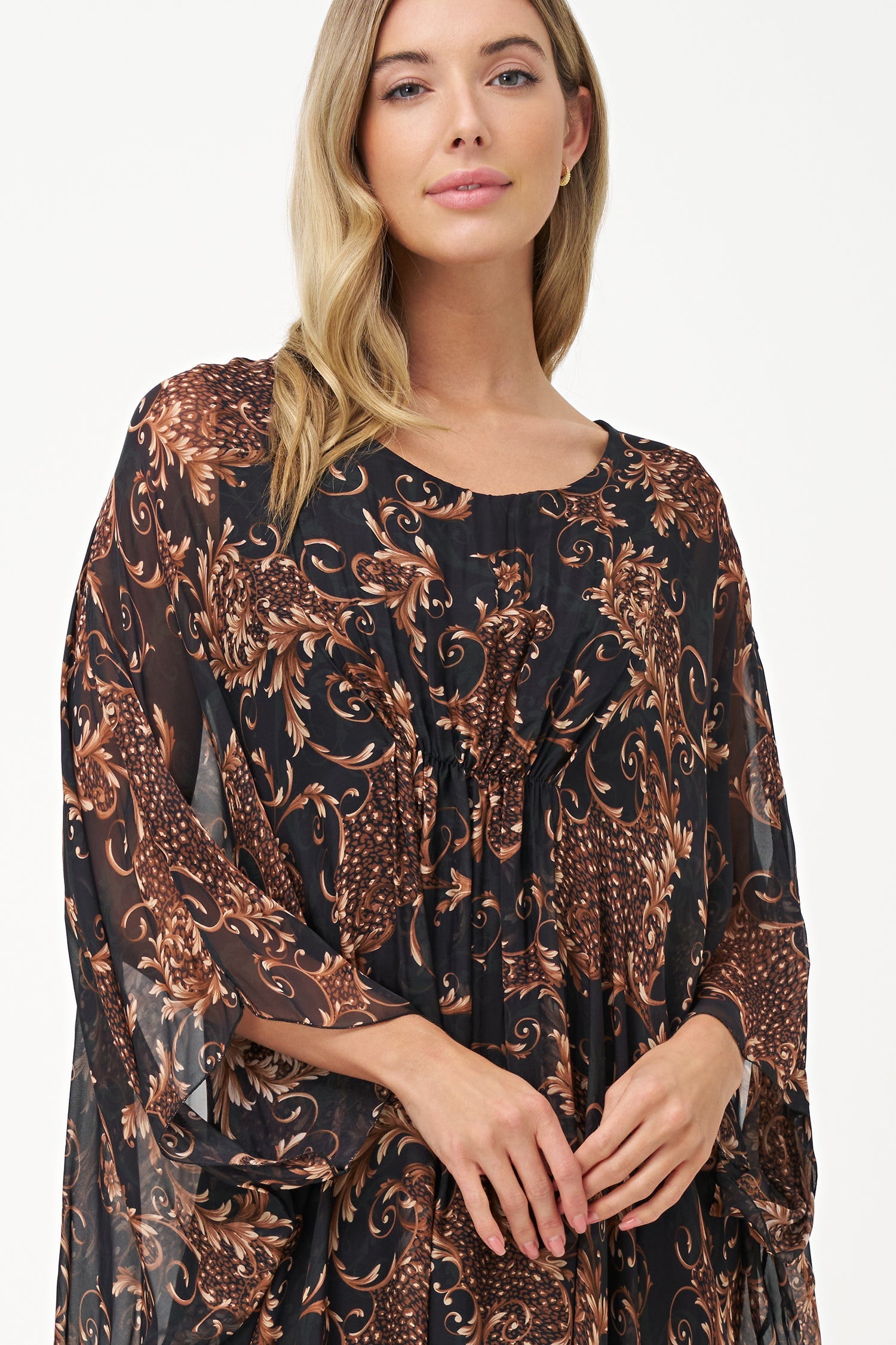 Women’s woven v-neck kaftan dress, with gathered front