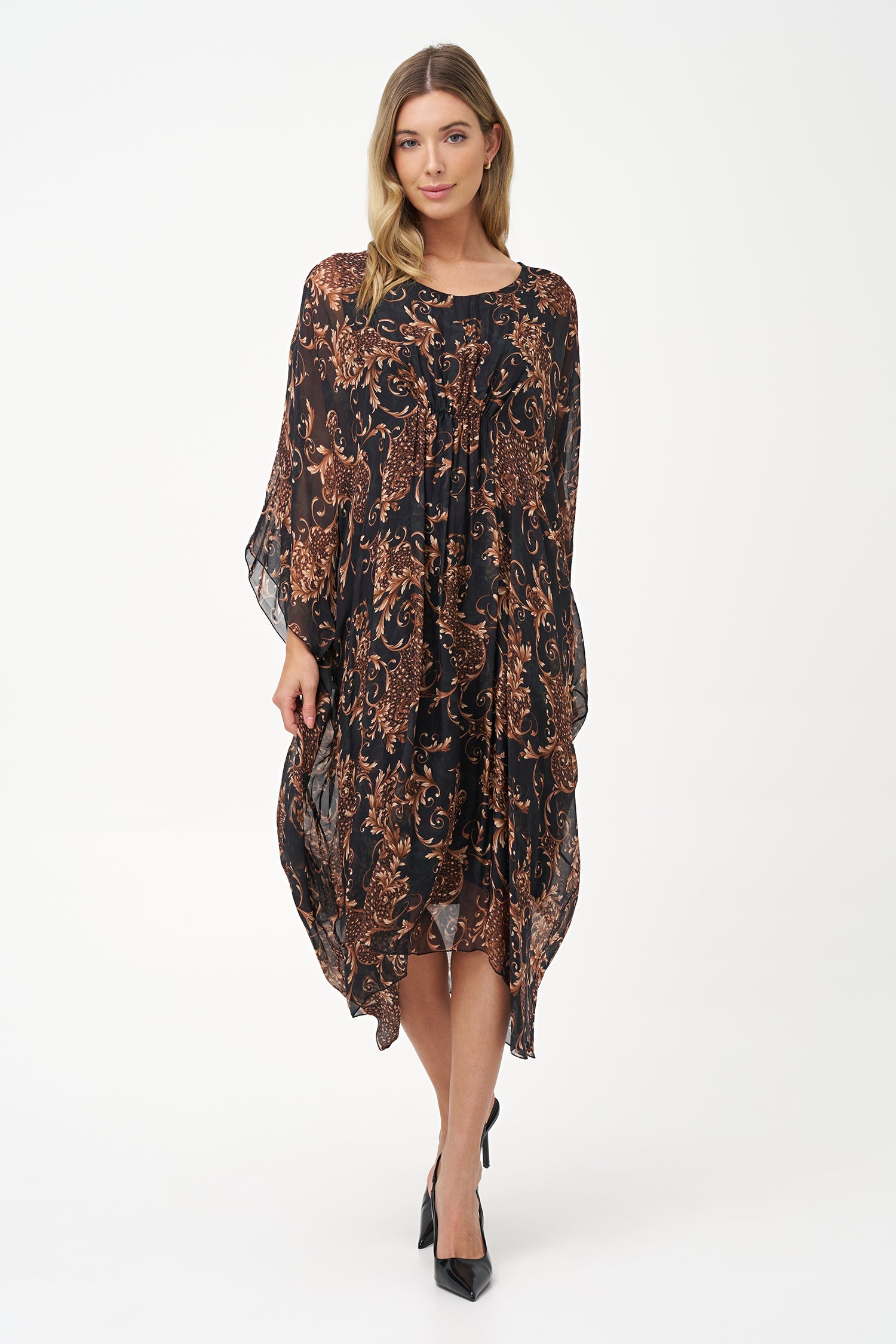 Women’s woven v-neck kaftan dress, with gathered front