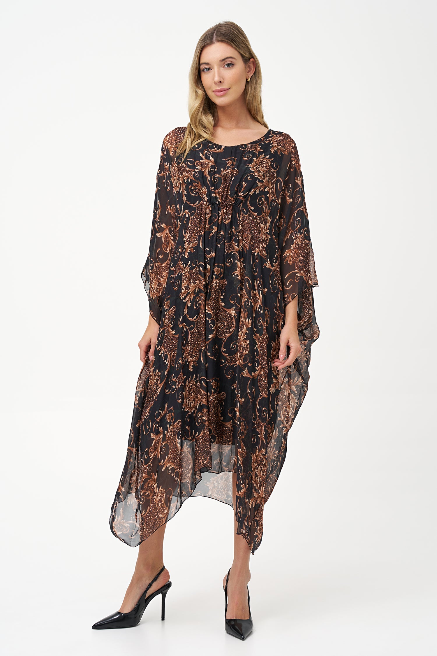 Women’s woven v-neck kaftan dress, with gathered front