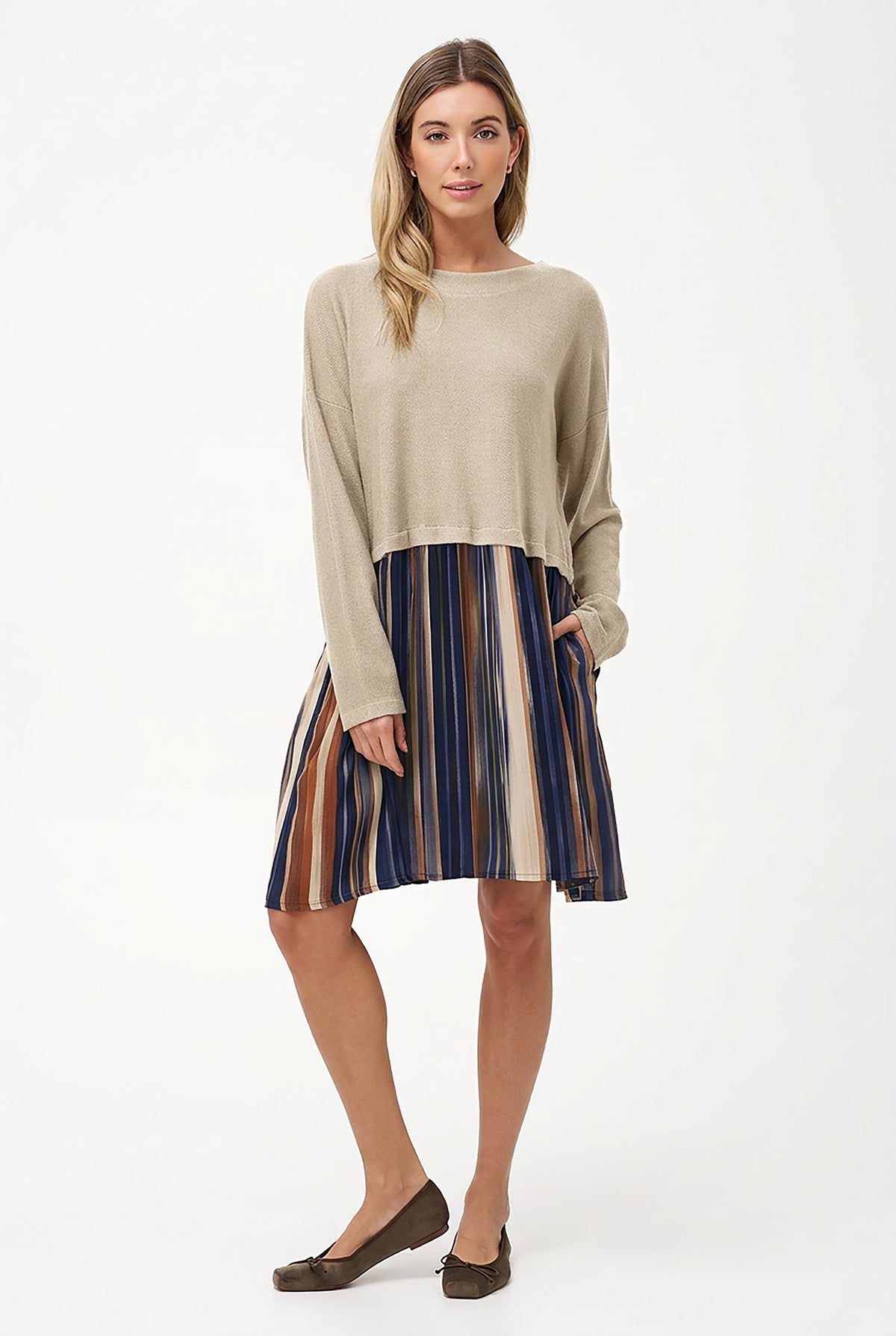Women's Knit & Woven Wide-Neck Dress with Long Sleeves & Side Pockets