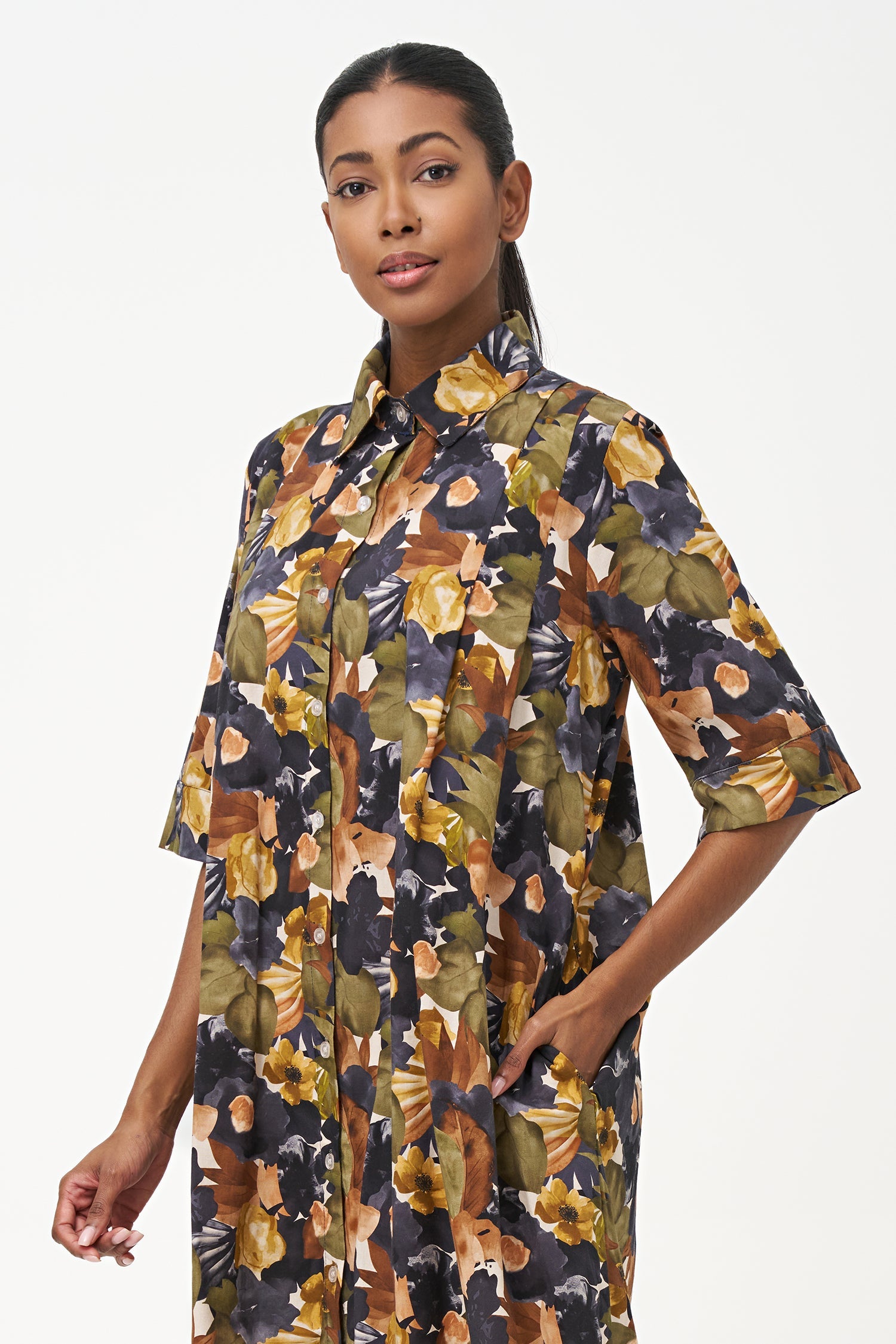 Women's Woven Pleated Shirt-Dress