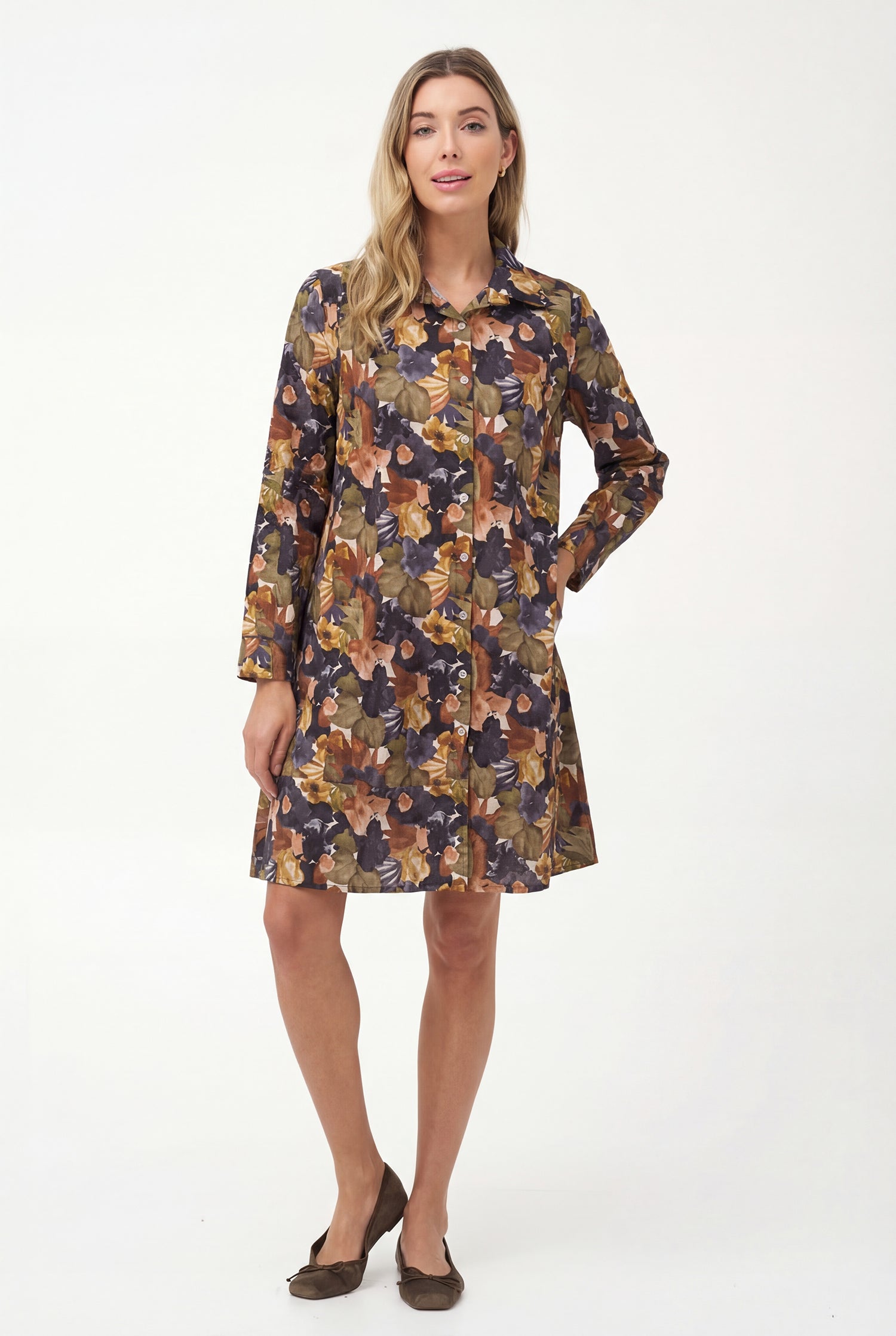 Robe chemise boutonnée à col montant tissée pour femme