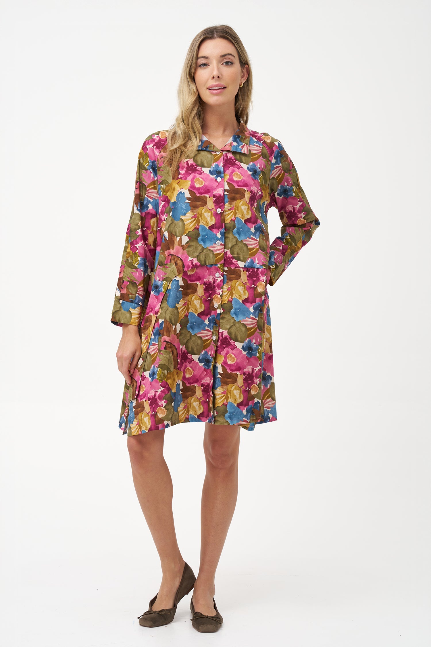 Women's Woven Stand Collar Button Down Tunic-Length Shirt