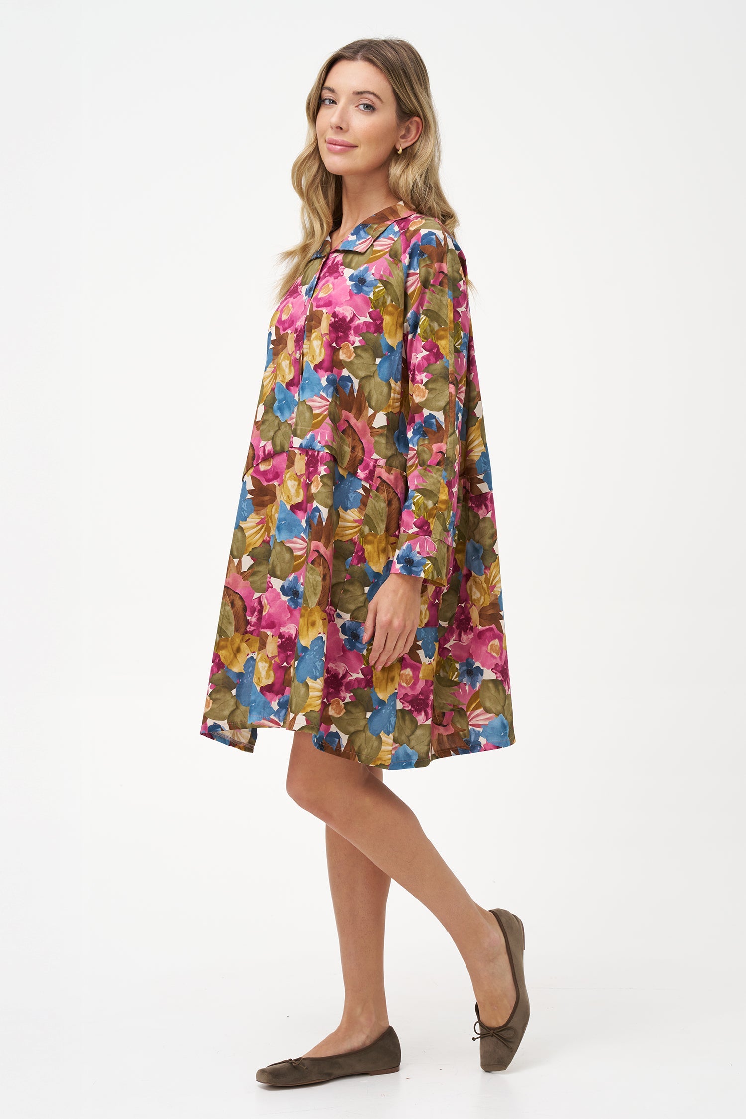 Women's Woven Stand Collar Button Down Tunic-Length Shirt