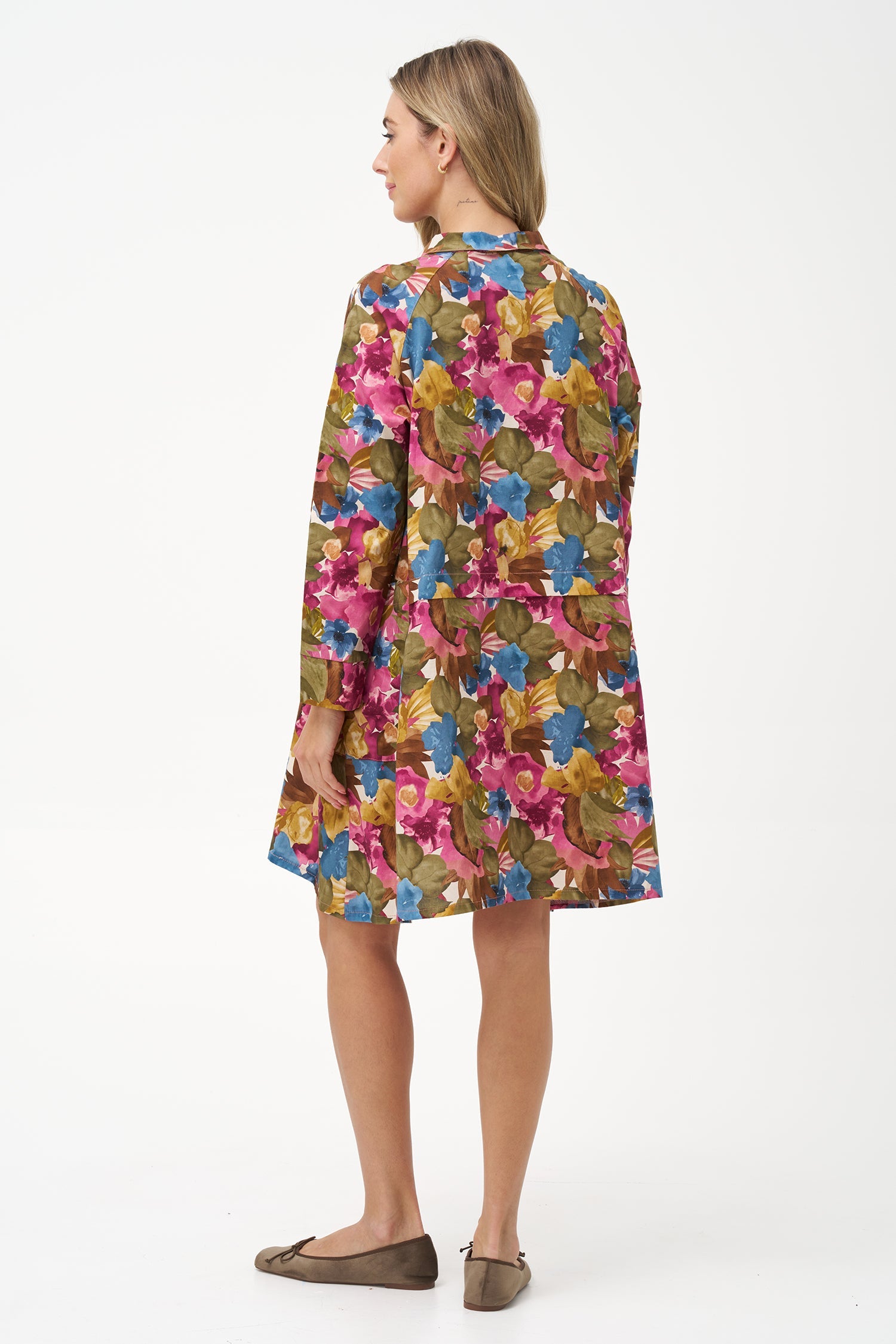 Women's Woven Stand Collar Button Down Tunic-Length Shirt