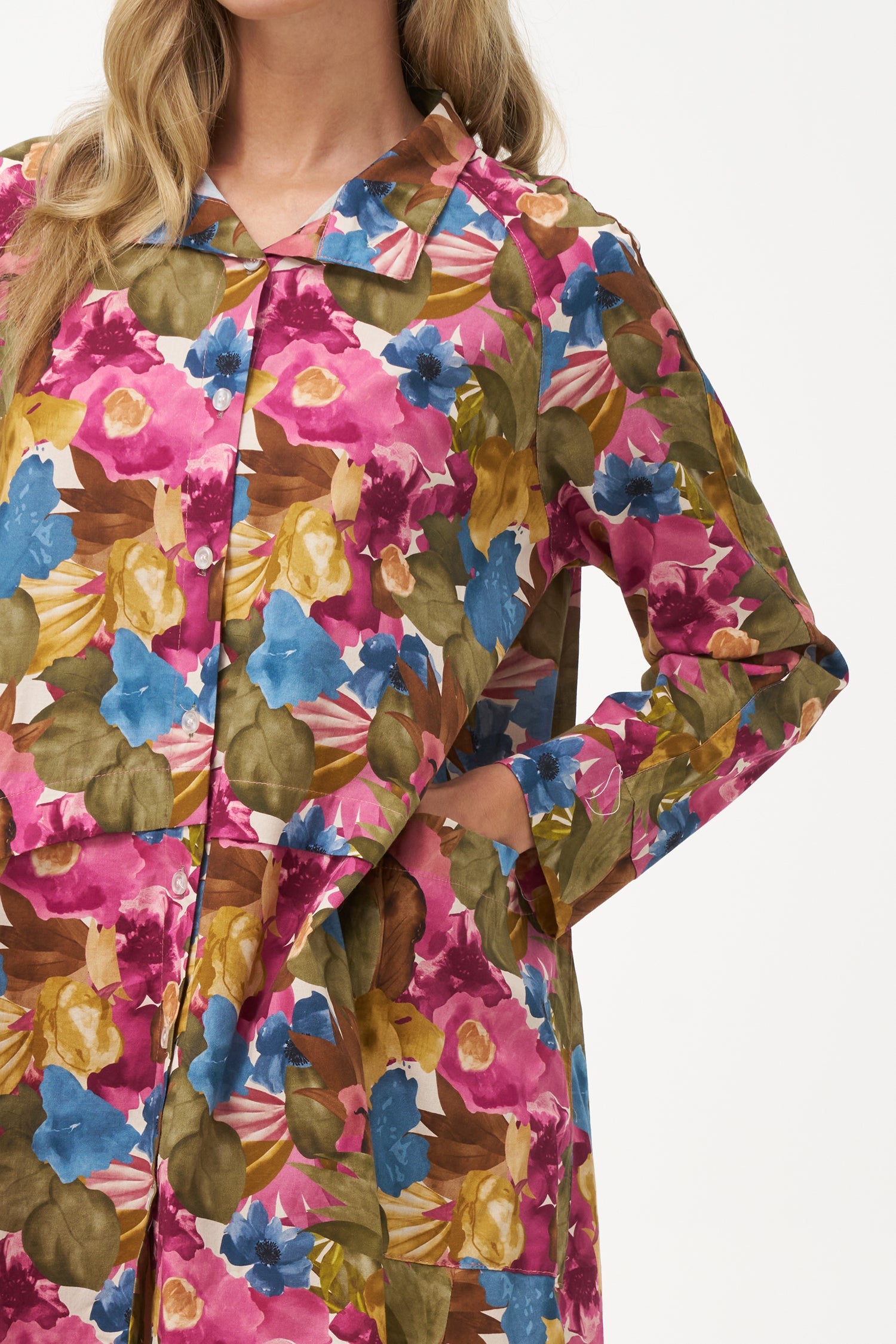 Women's Woven Stand Collar Button Down Tunic-Length Shirt