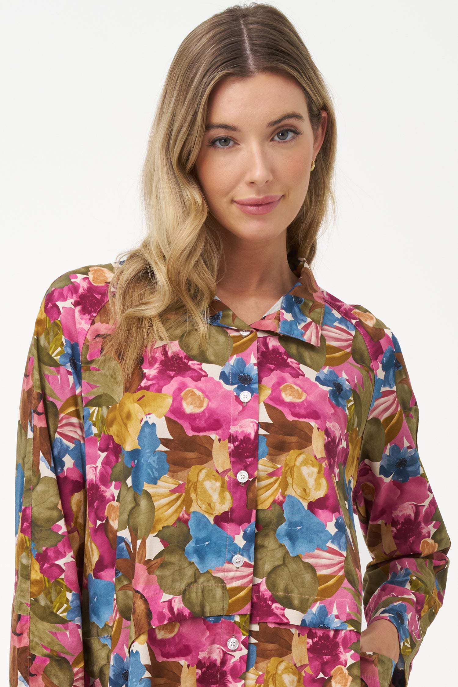 Women's Woven Stand Collar Button Down Tunic-Length Shirt