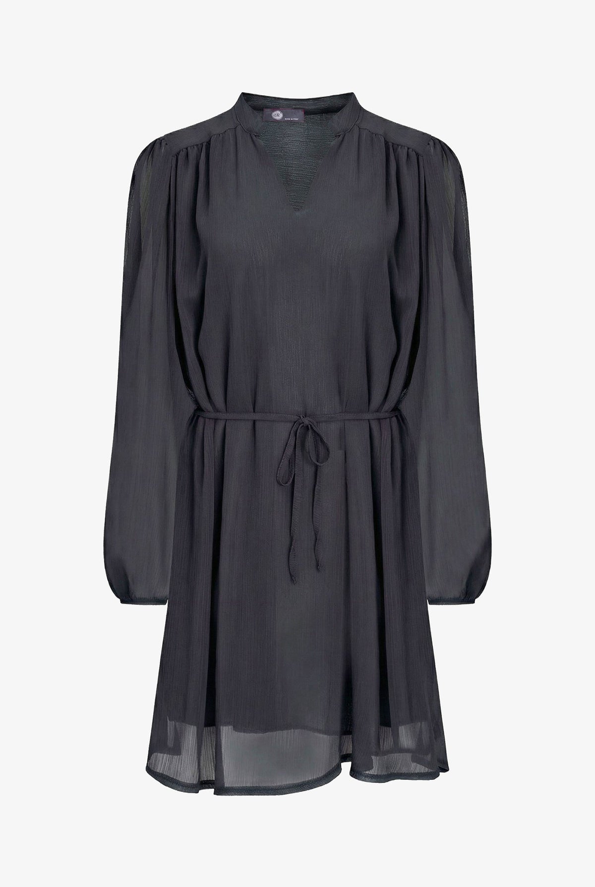 A dark gray long-sleeve chiffon dress with a V-neckline, gathered shoulders, and a drawstring waist, shown against a plain white background.