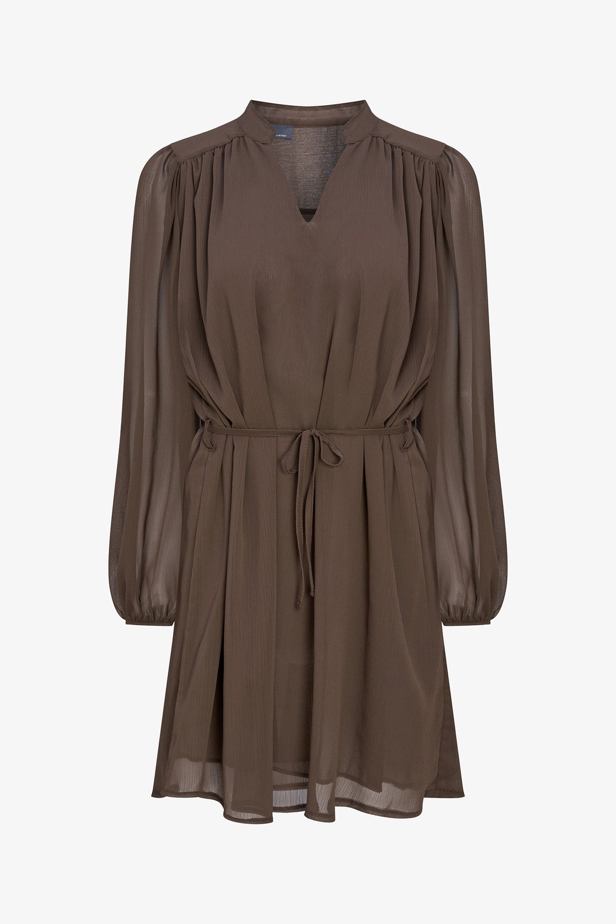 A brown long-sleeve chiffon dress with a V-neckline, gathered shoulders, and a tie waist, shown against a plain white background.