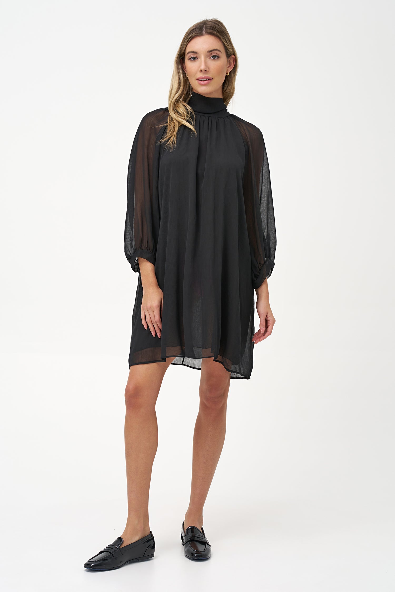 Women's Woven Sheer Mock-Neck Knee-Length Dress