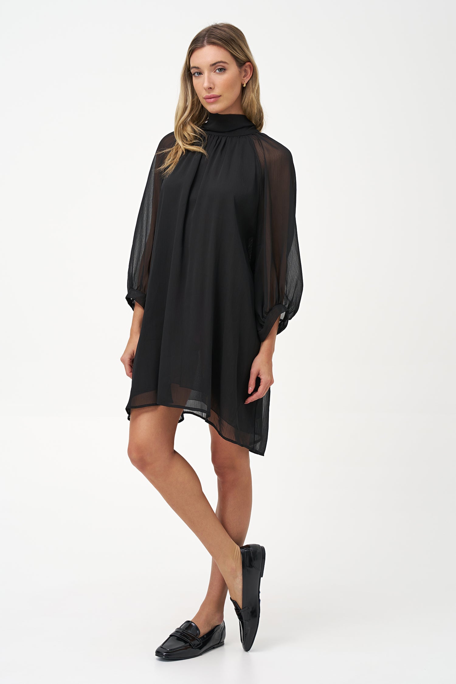 Women's Woven Sheer Mock-Neck Knee-Length Dress