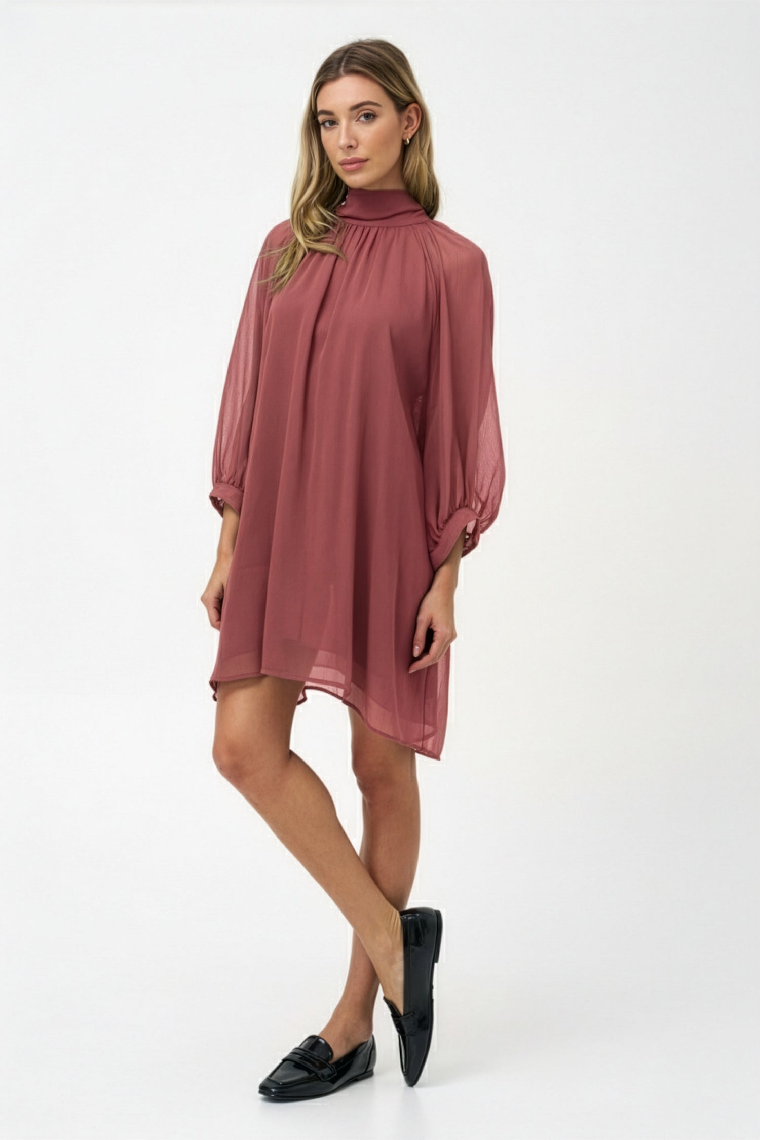 Women's Woven Sheer Mock-Neck Knee-Length Dress