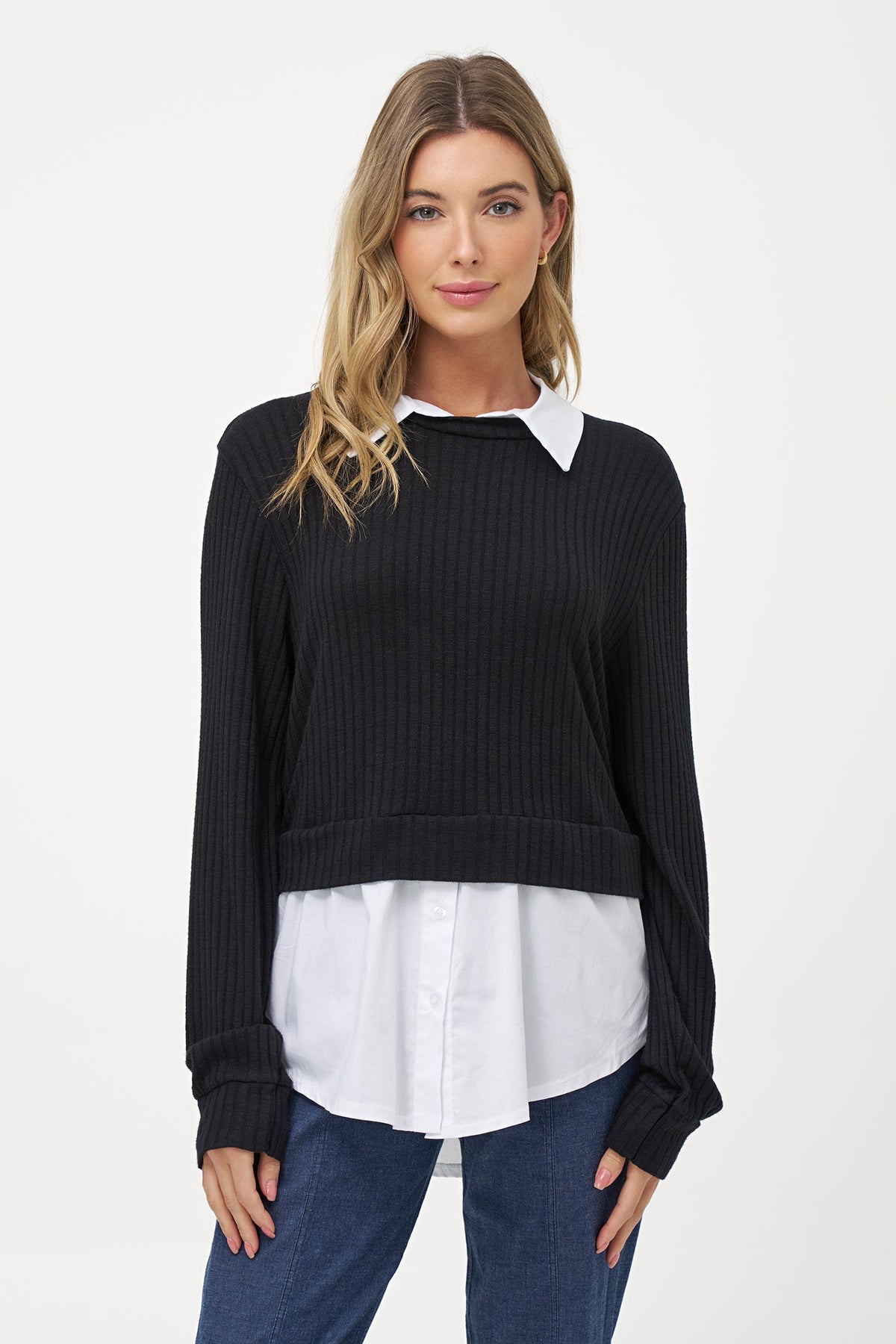 Women's Knit & Woven Tunic with Shirt Collar & Shirt Hem
