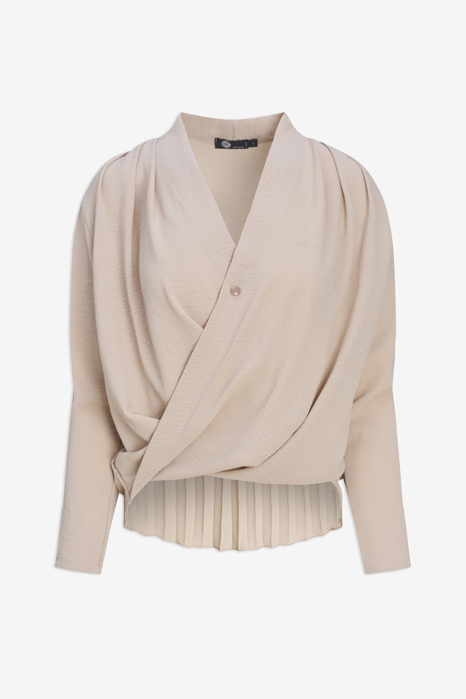 Beige wrap-style tunic top on a white background