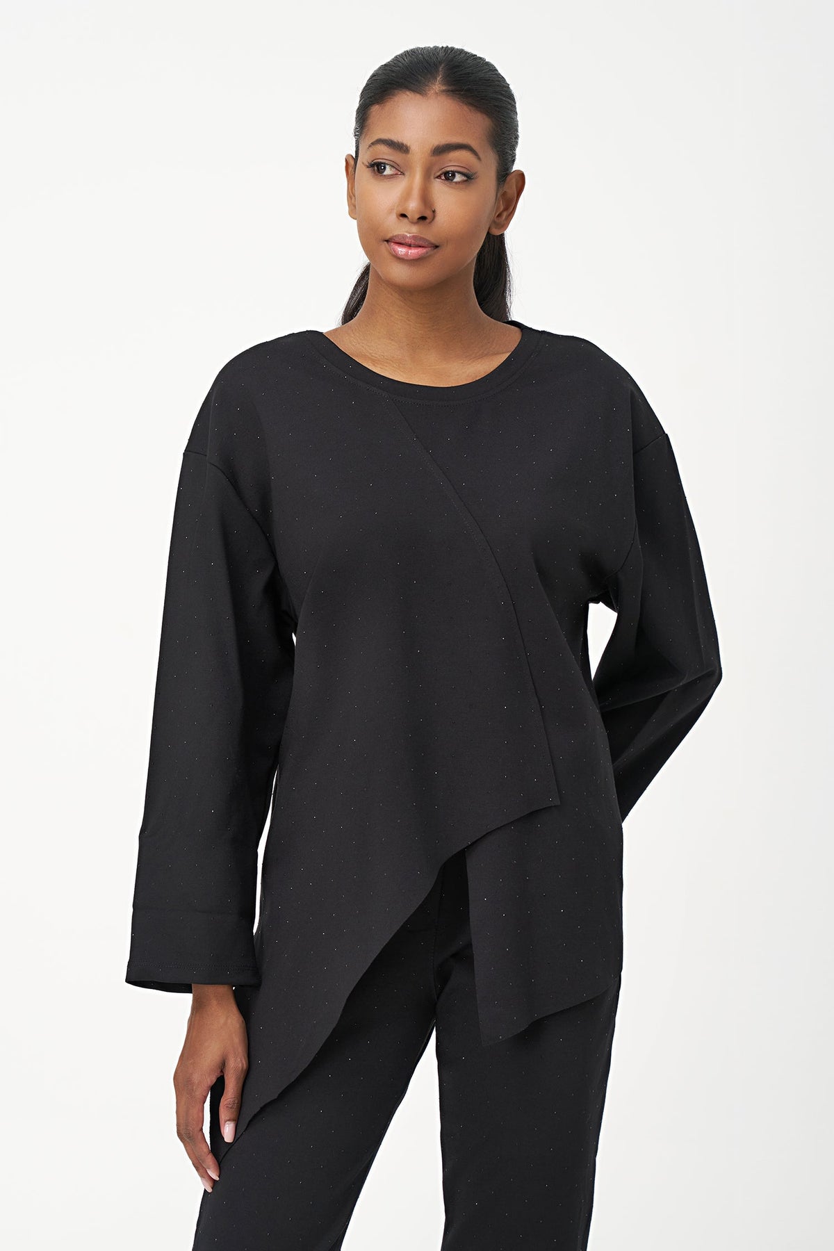 Women's Studded Knit Crew-Neck Tunic, Long Sleeves & Asymmetric Hem