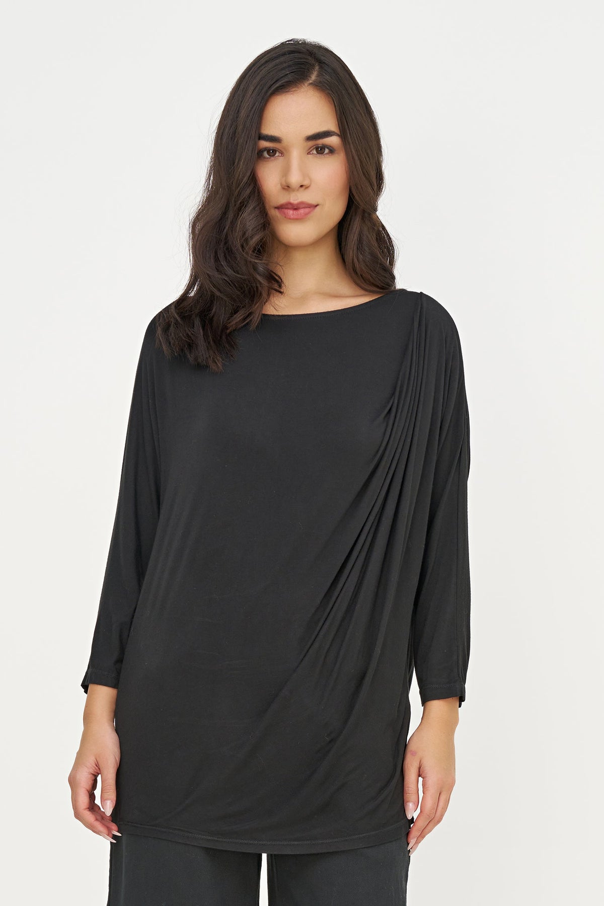 Women's Buttery-Soft Knit Crew-Neck Tunic, with 3/4th Length Sleeves and a Front Shoulder Draped Detailing