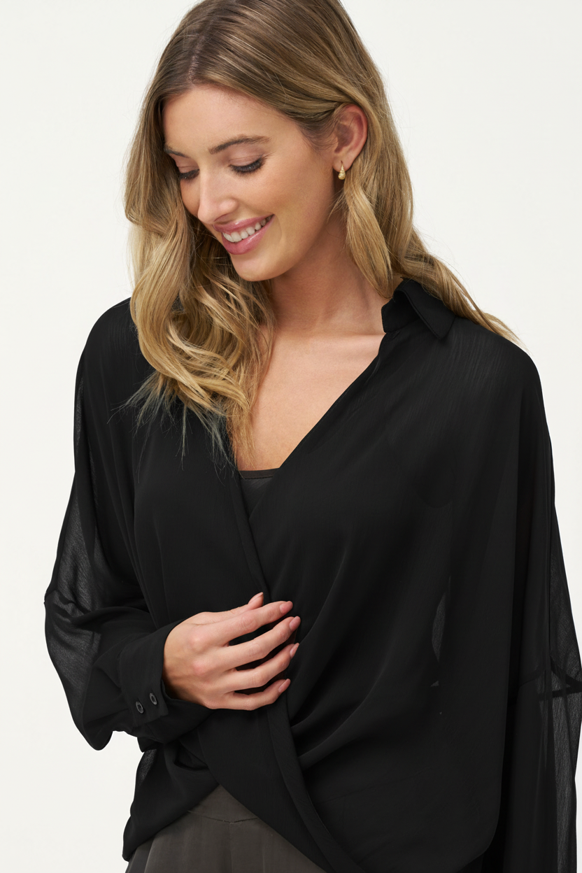 Women's Woven Sheere Criss-Cross Long Sleeve Top