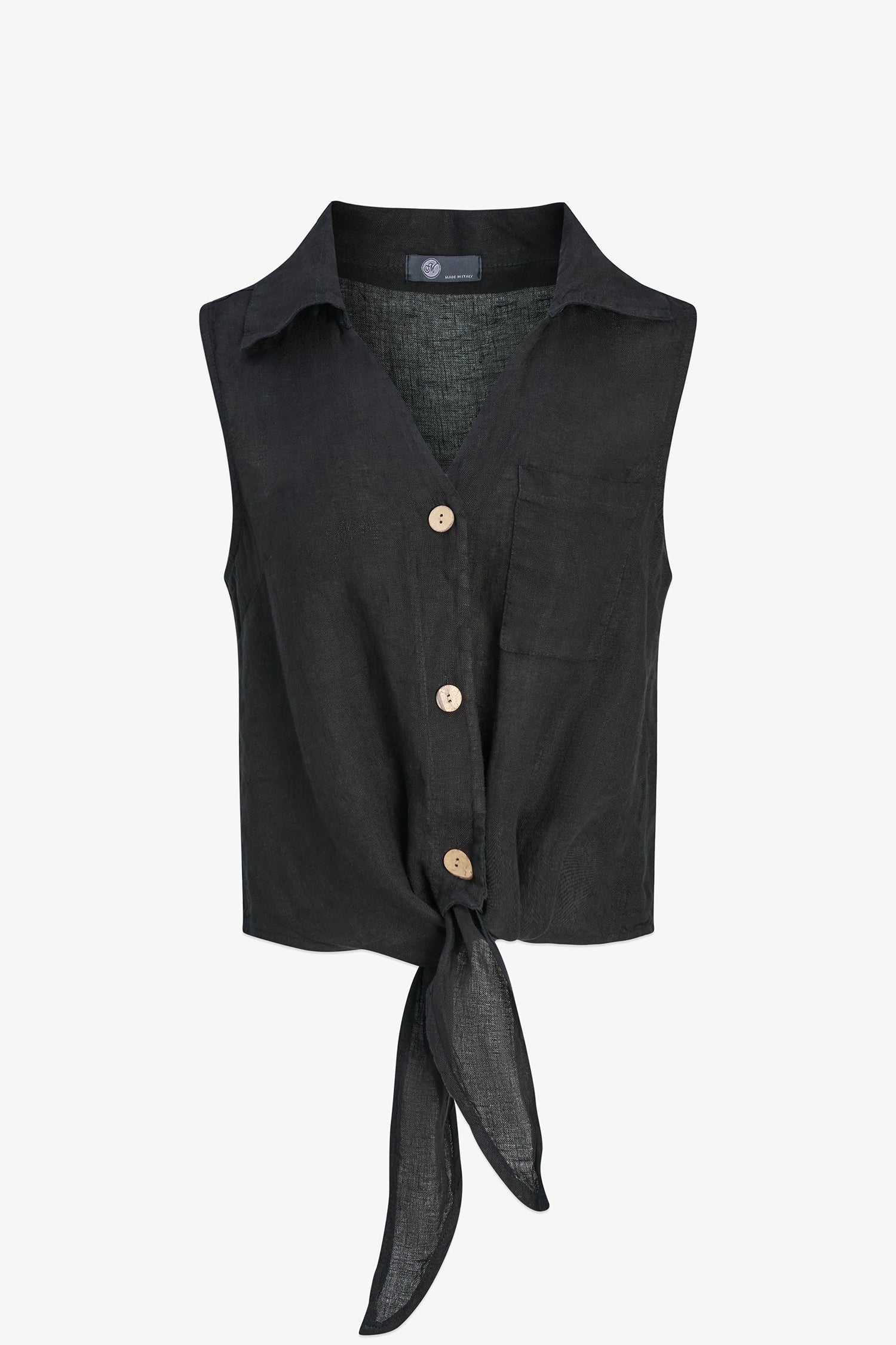 black sleeveless button-up shirt on a white background