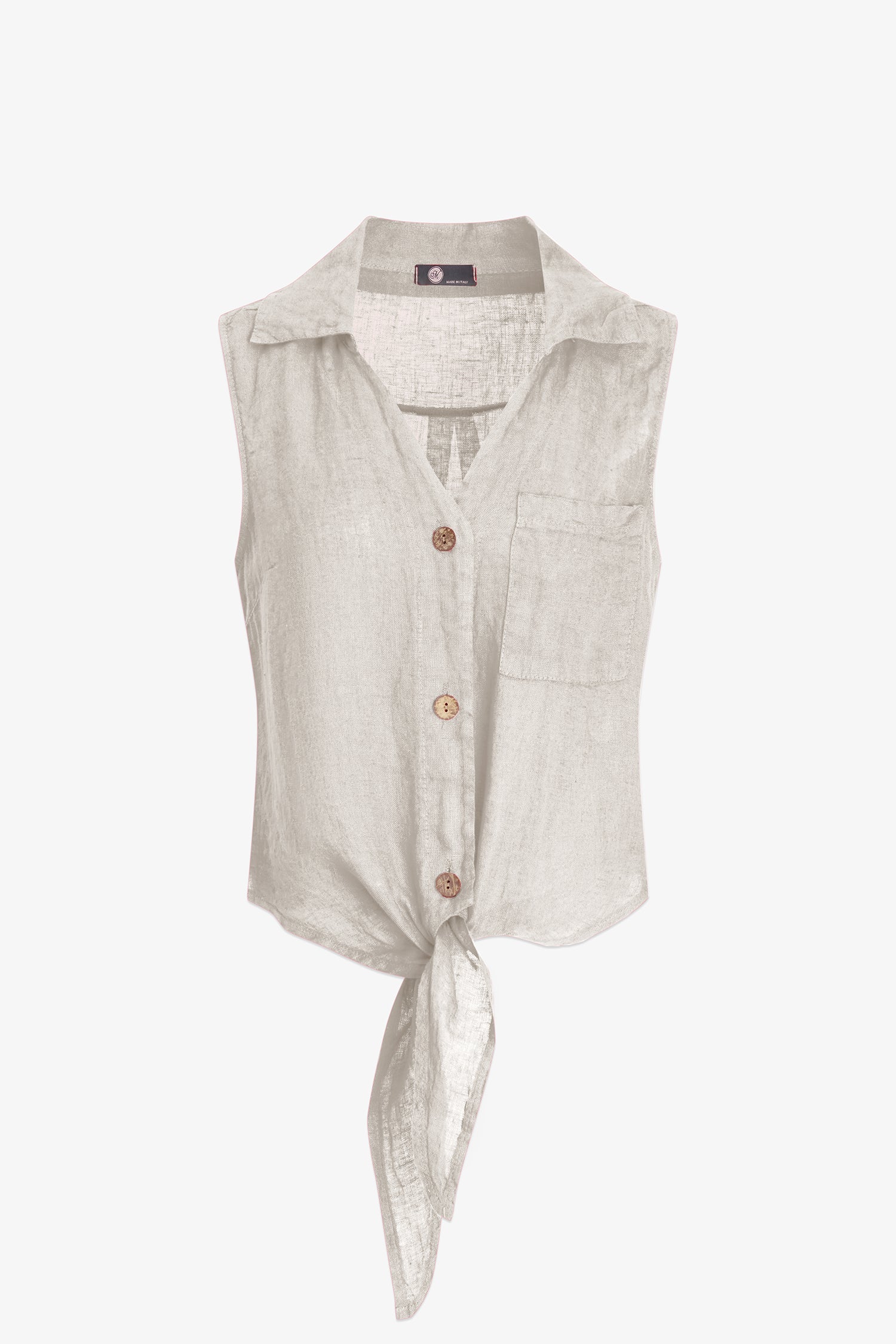 beige linen sleeveless button-up shirt on a white background