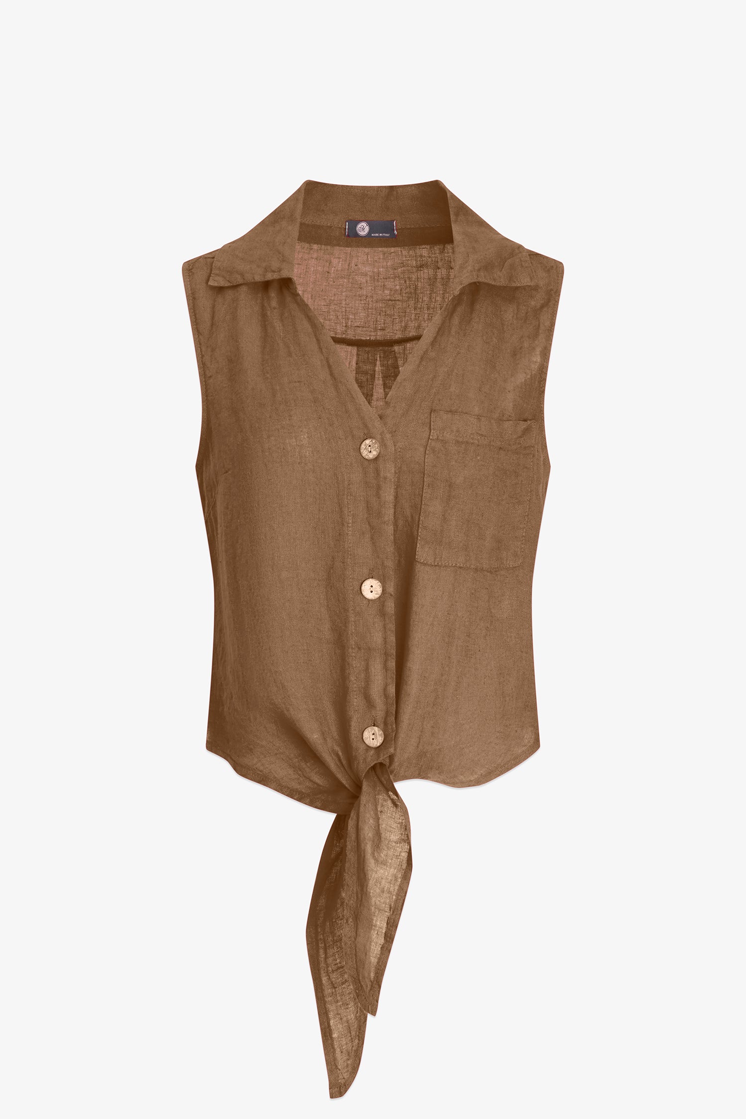 brown sleeveless button-up shirt on a white background