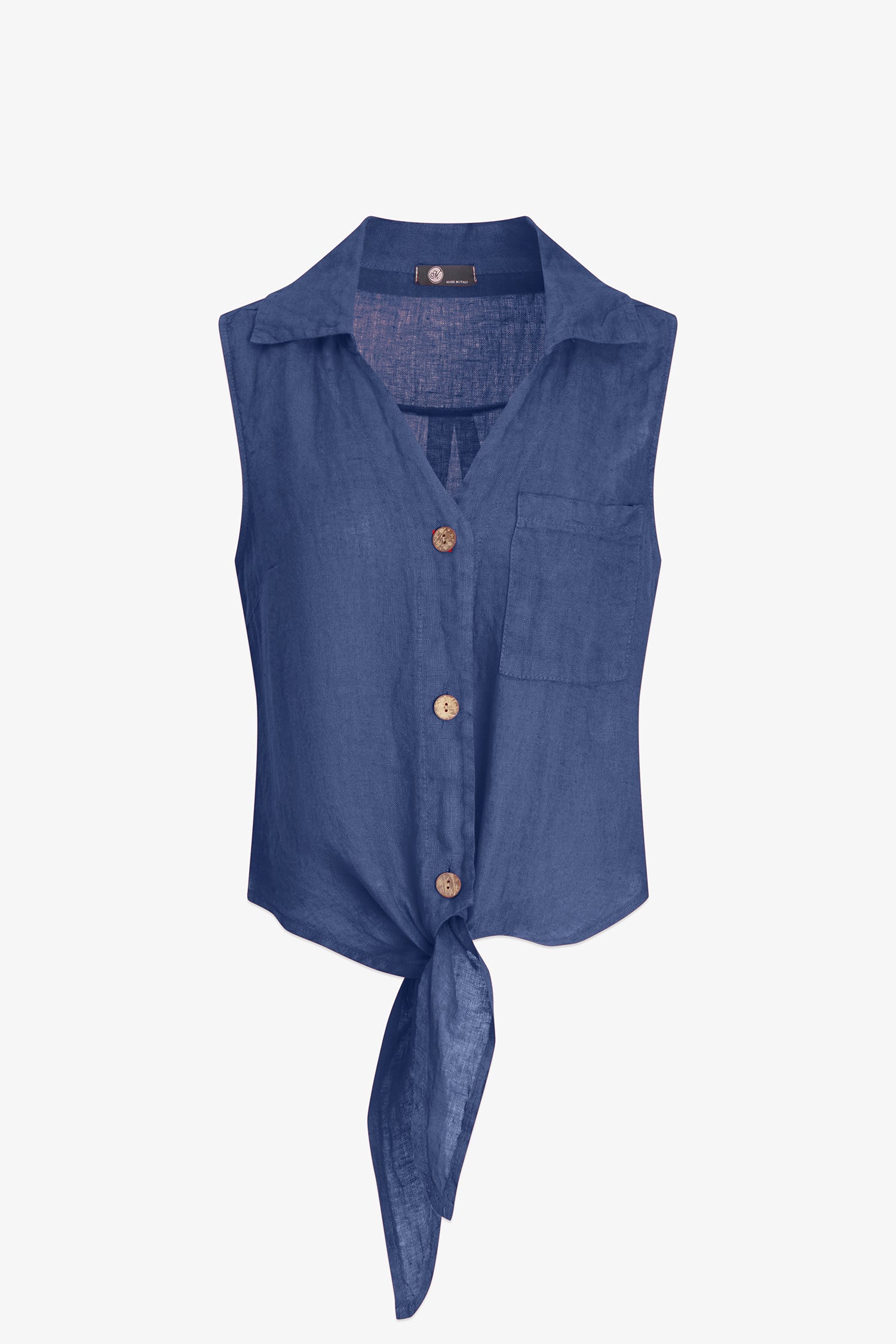 blue sleeveless button-up shirt on a white background