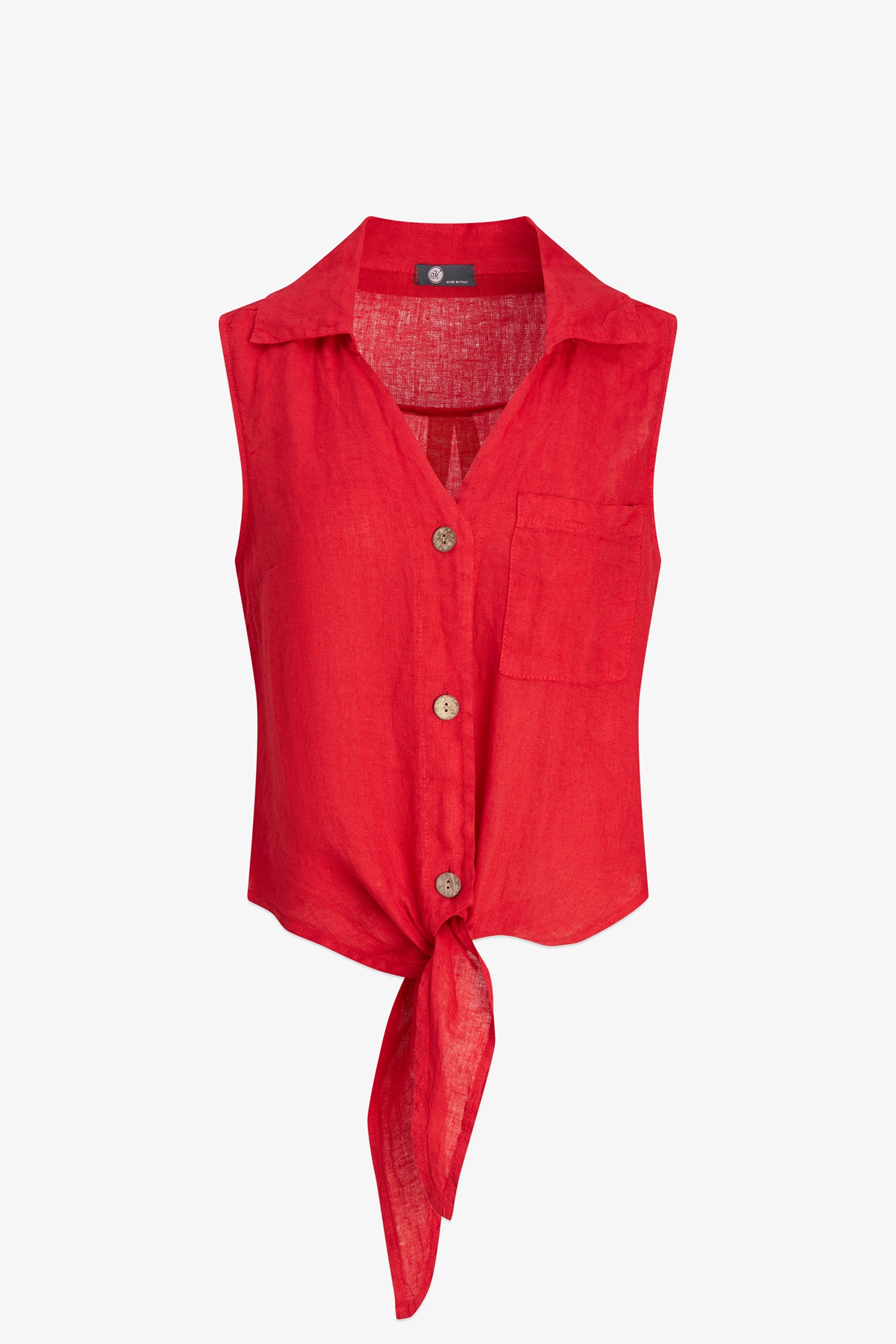 Red sleeveless shirt with buttons on a white background