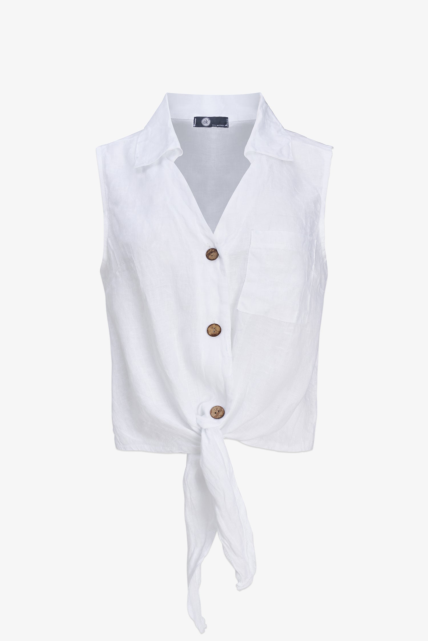 white sleeveless button-up shirt on a white background