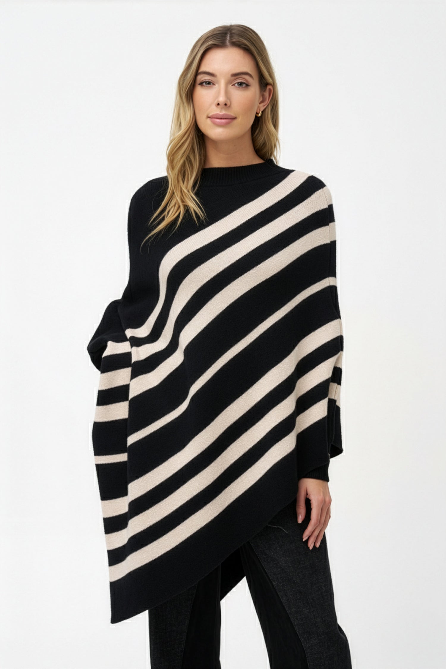 Women's Knit Striped Mock-Neck Poncho
