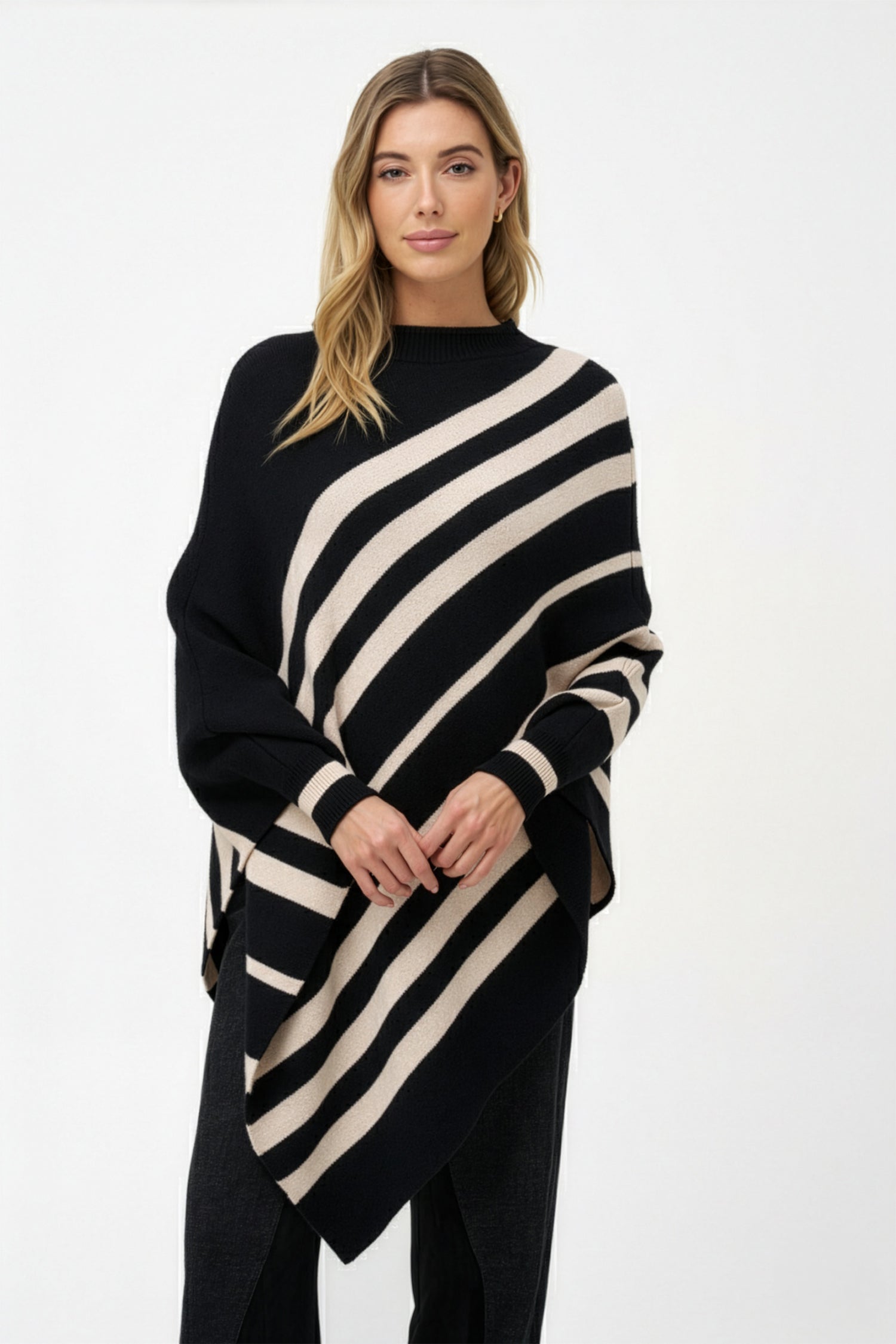 Women's Knit Striped Mock-Neck Poncho