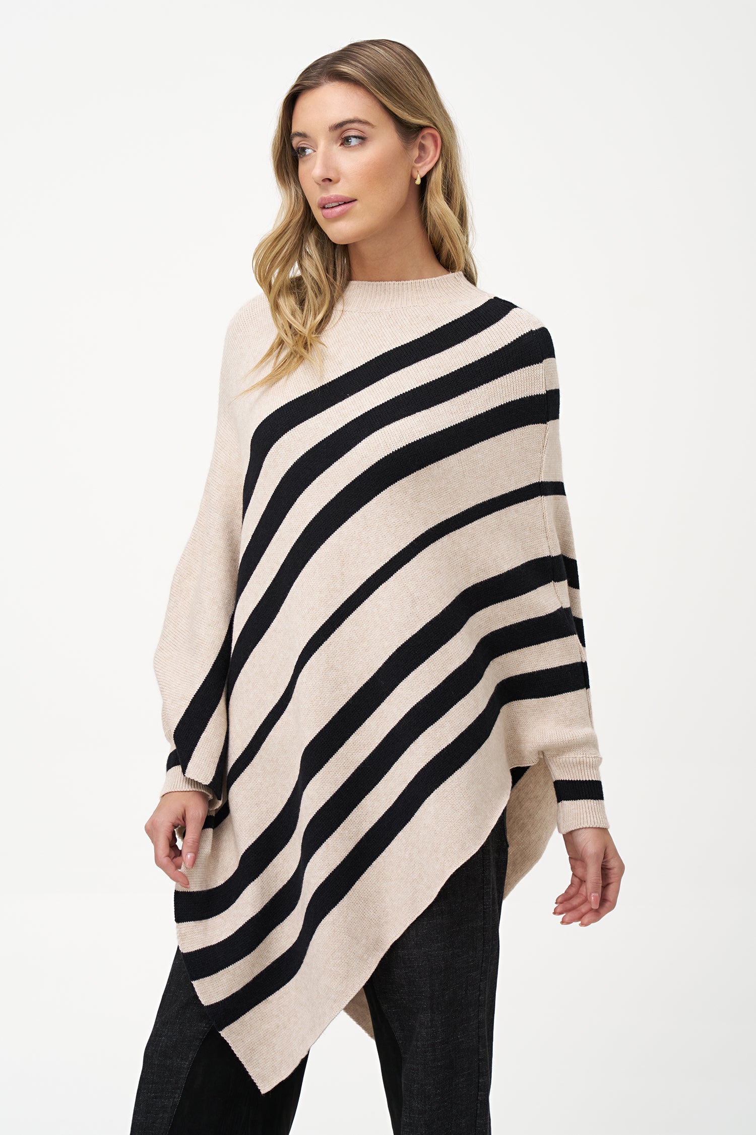Women's Knit Striped Mock-Neck Poncho