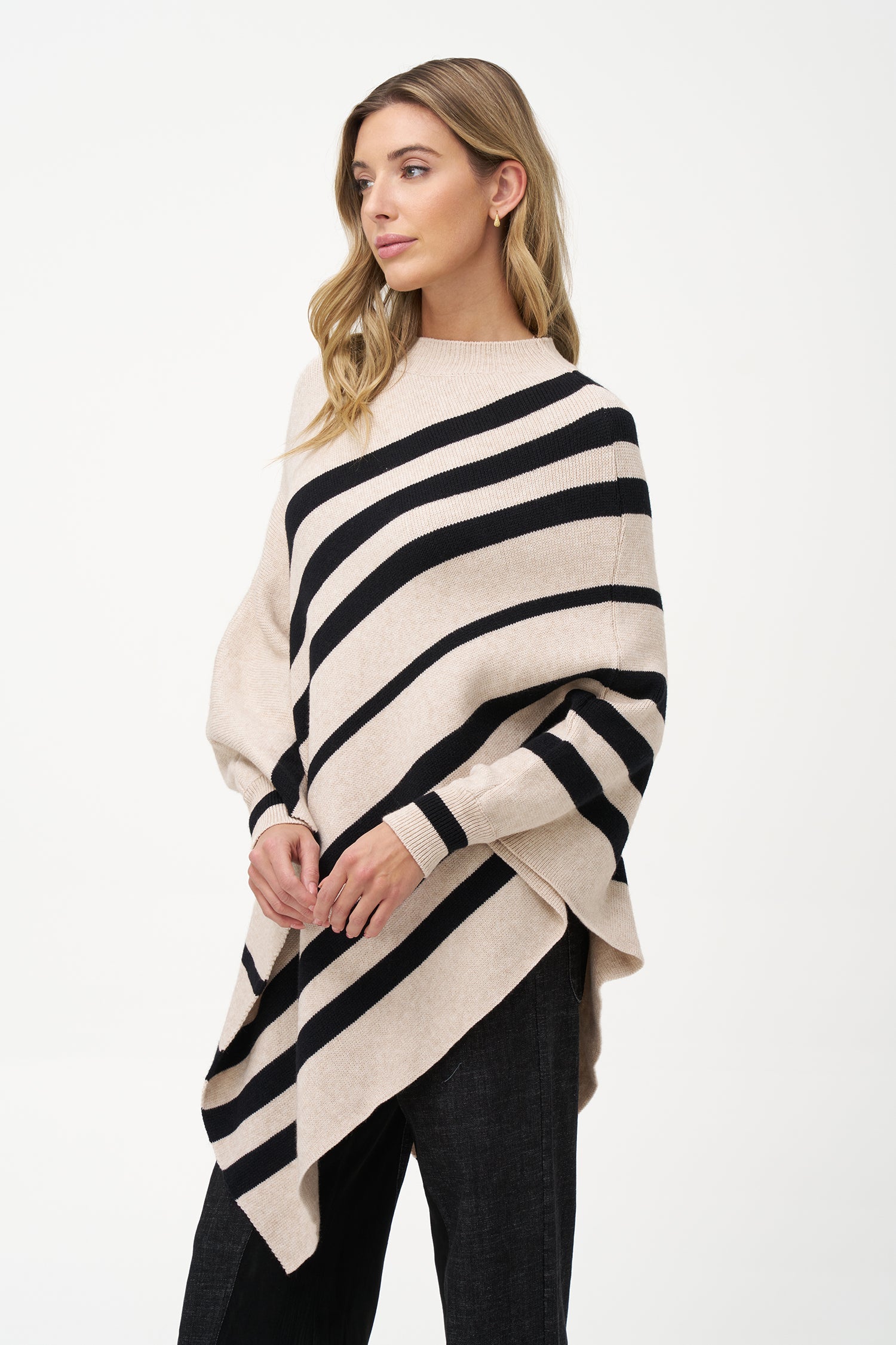 Women's Knit Striped Mock-Neck Poncho