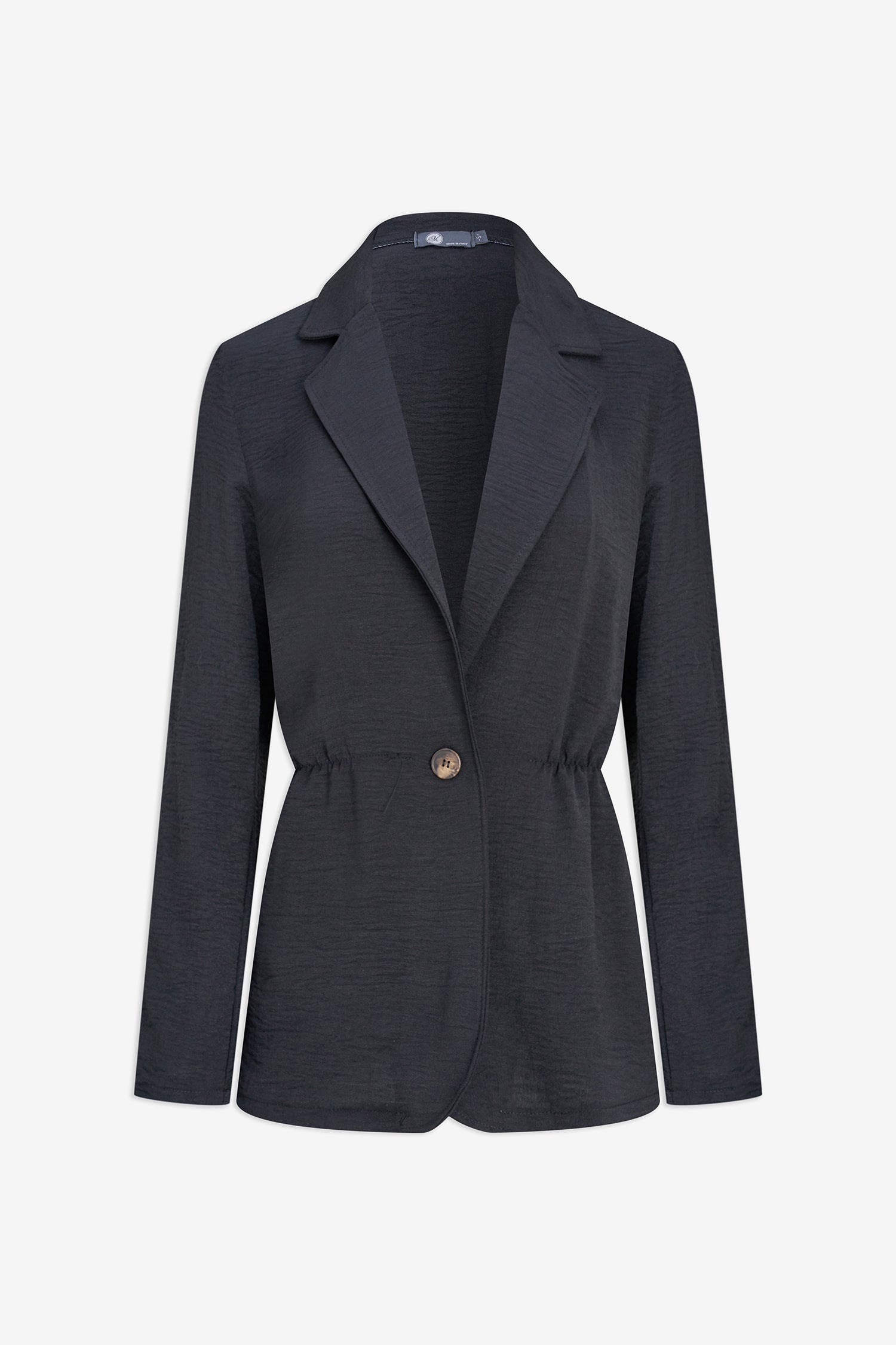 Dark gray blazer with a button on a white background