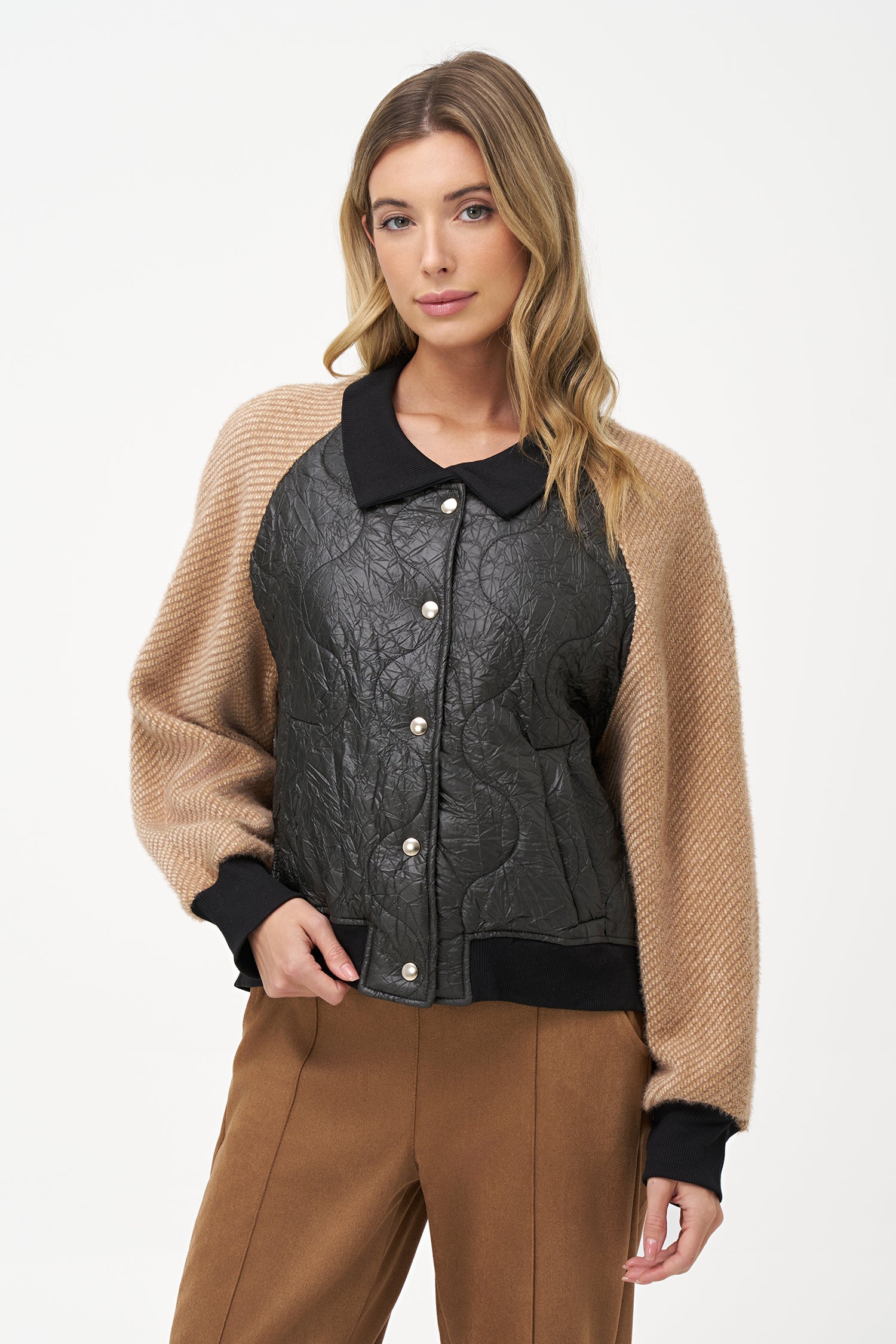 Women's Knit & Woven Combo Snap-Button Front Bomber Jacket
